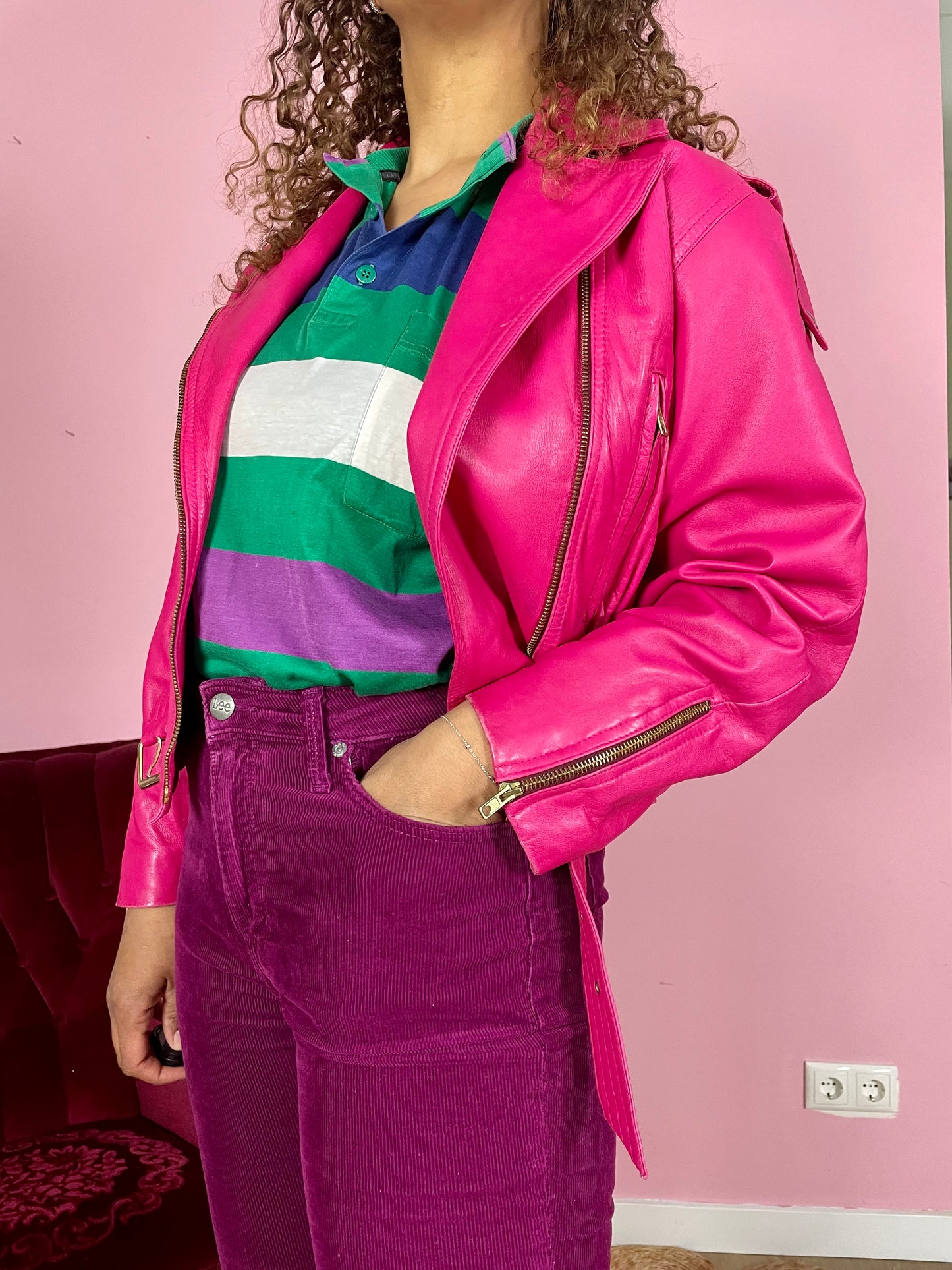 Vintage fuchsia leren bikerjack