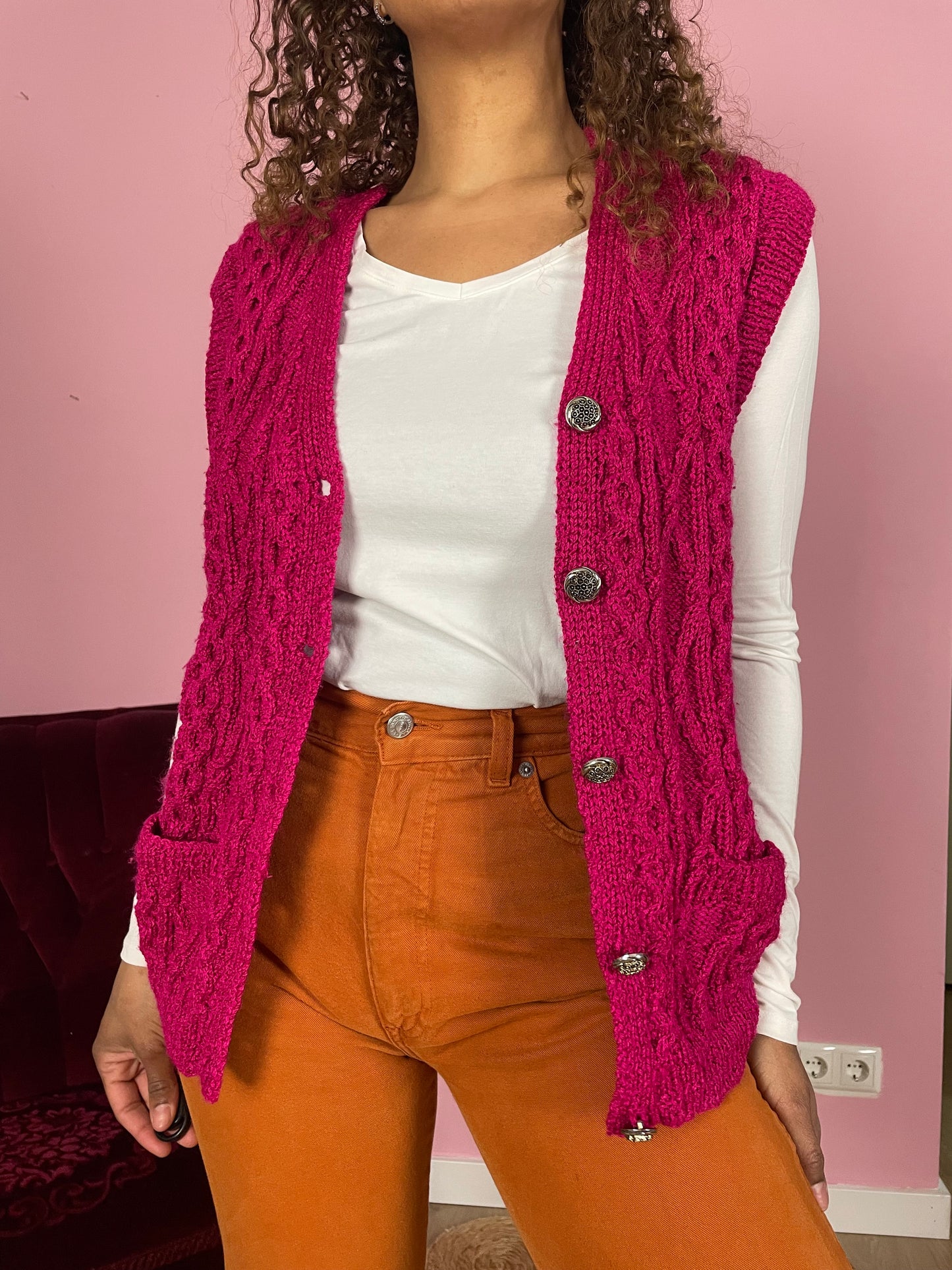 Vintage magenta mouwloos vestje