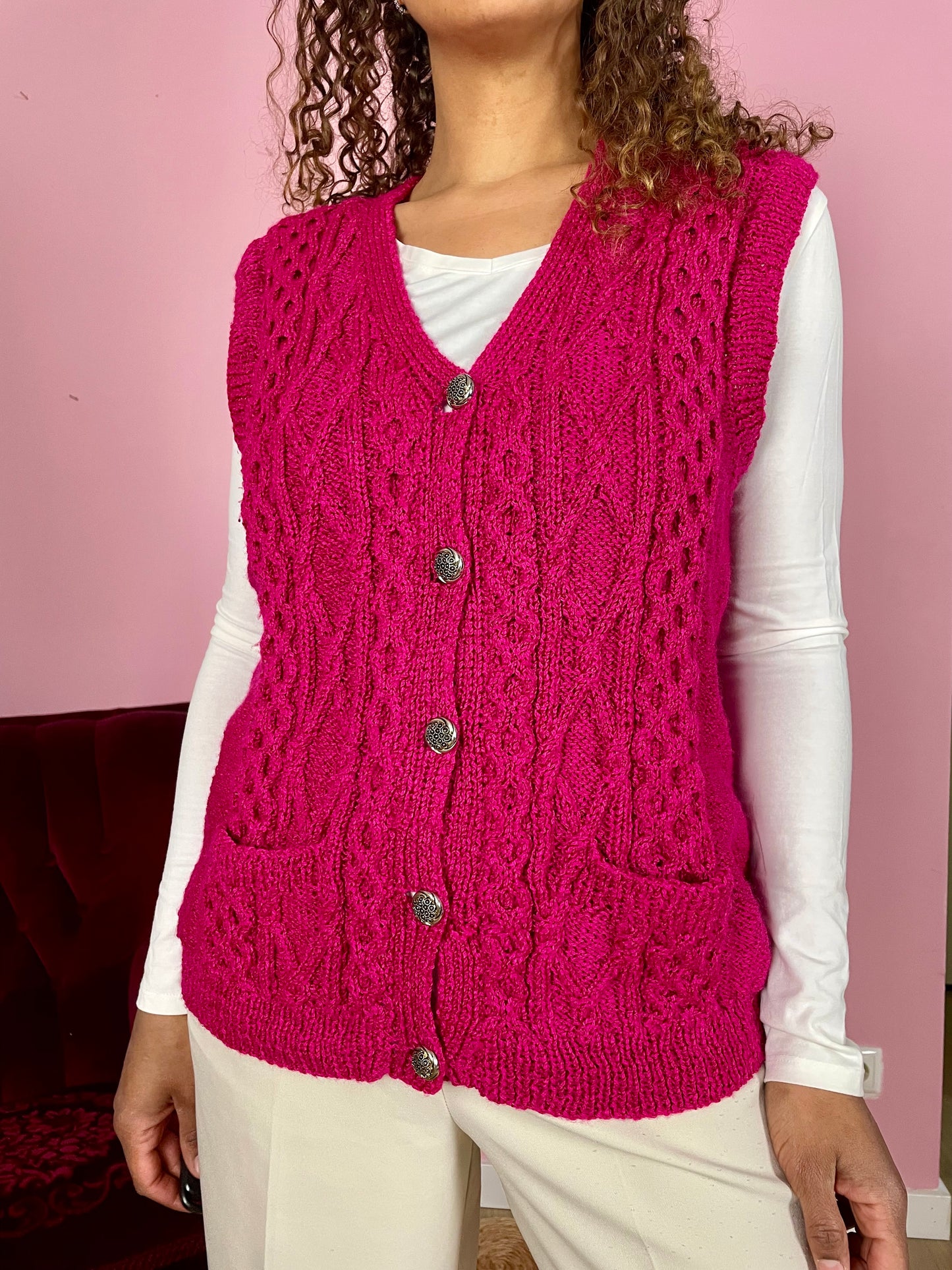 Vintage magenta mouwloos vestje