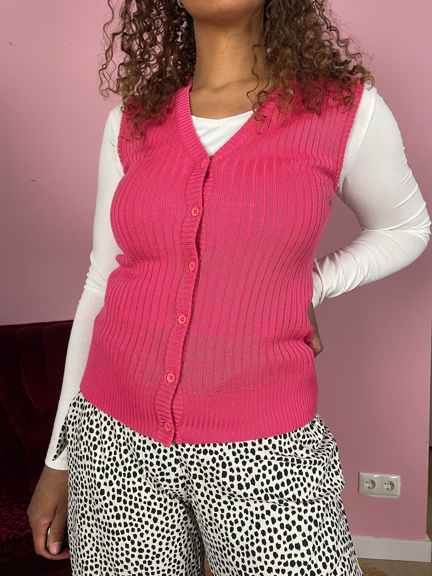 Vintage zachtroze mouwloos vestje