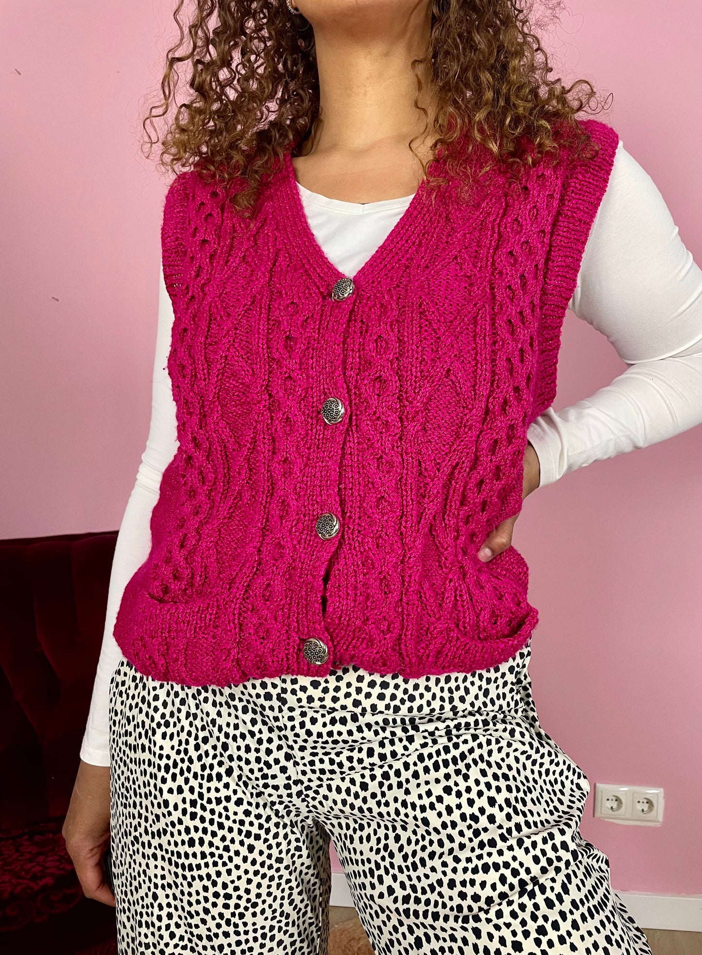 Vintage magenta mouwloos vestje