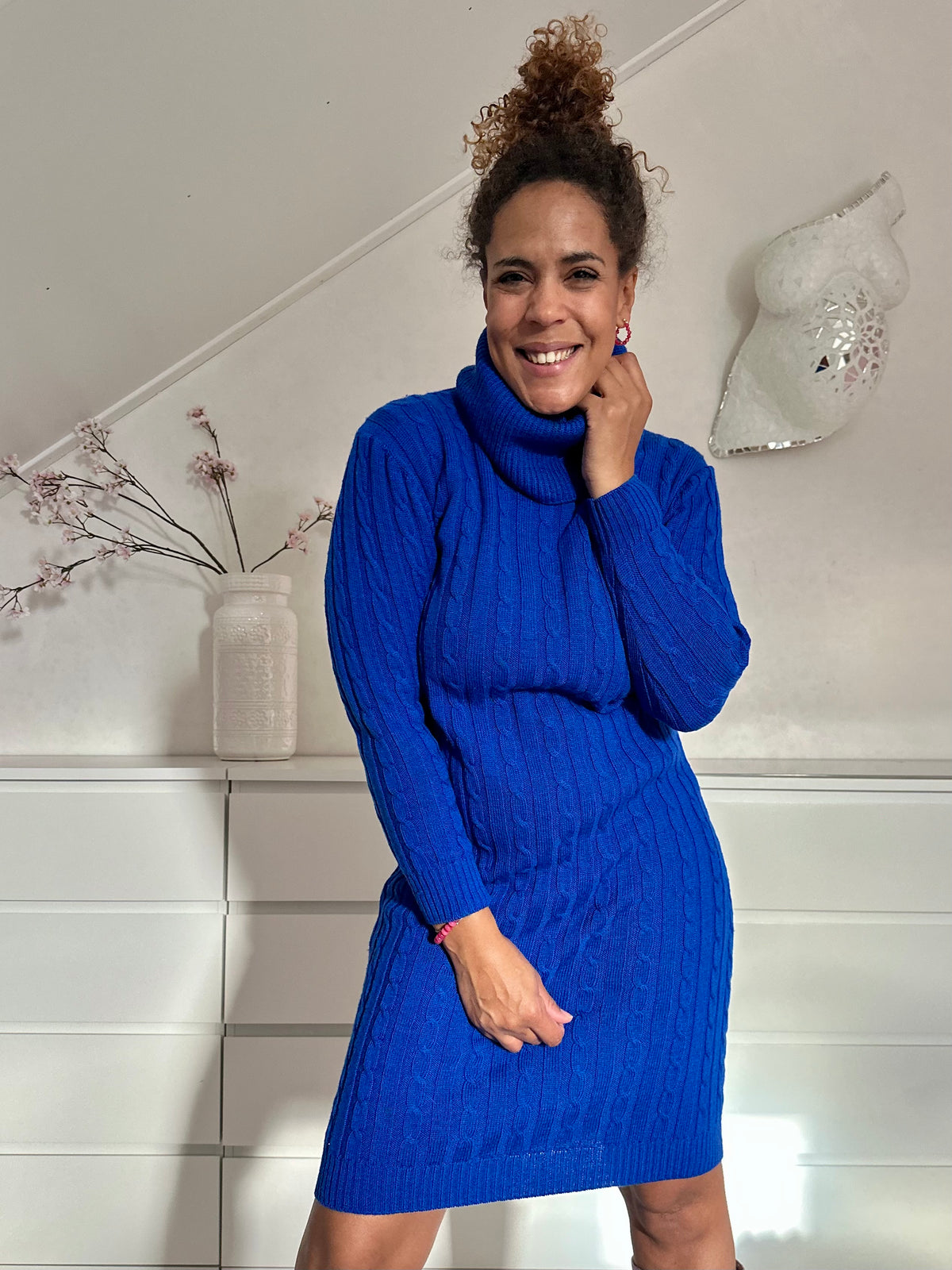 Vintage gebreide blauwe jurk met col - M