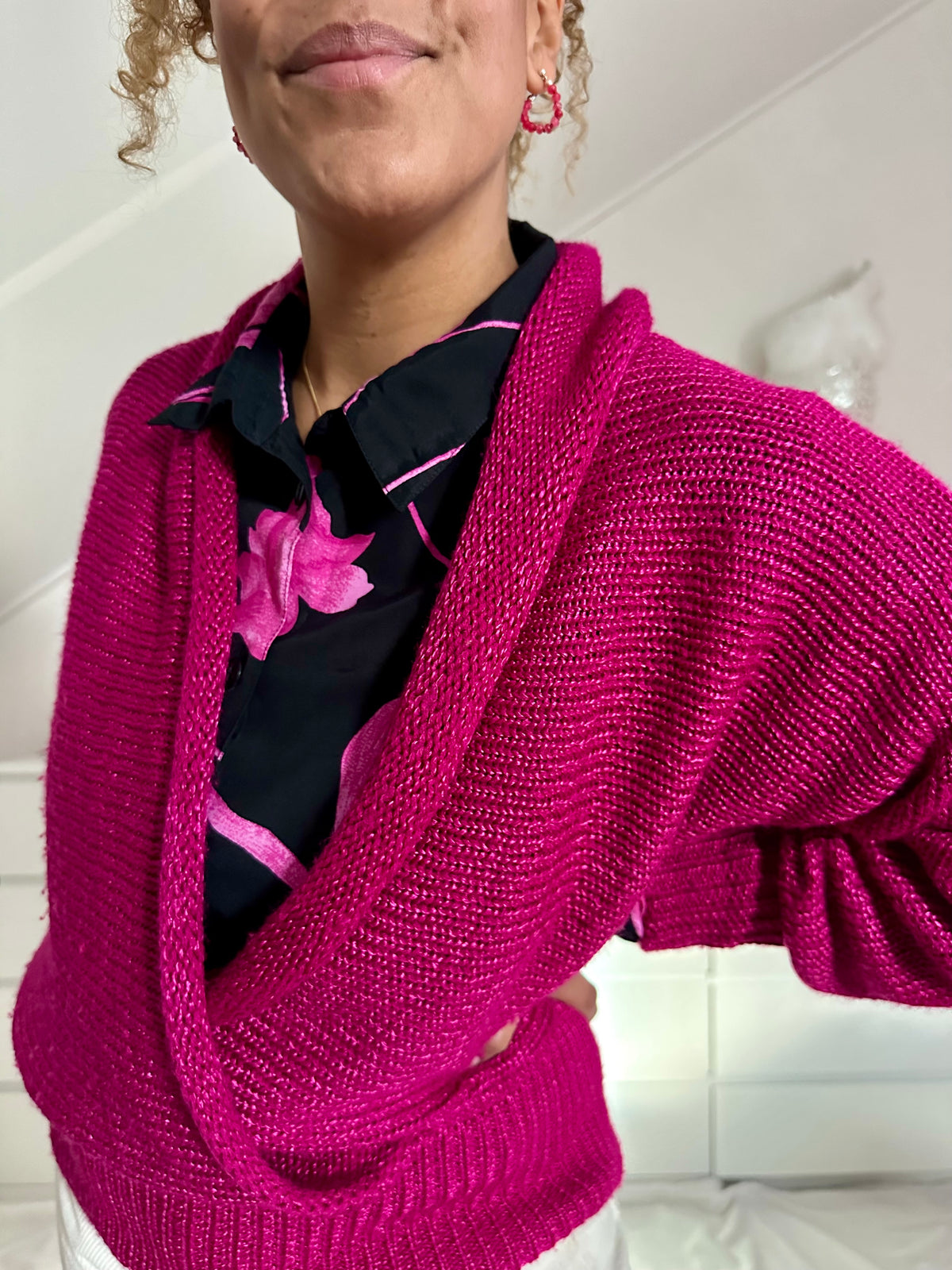 Vintage grofgebreide magenta overslagtrui - M/L