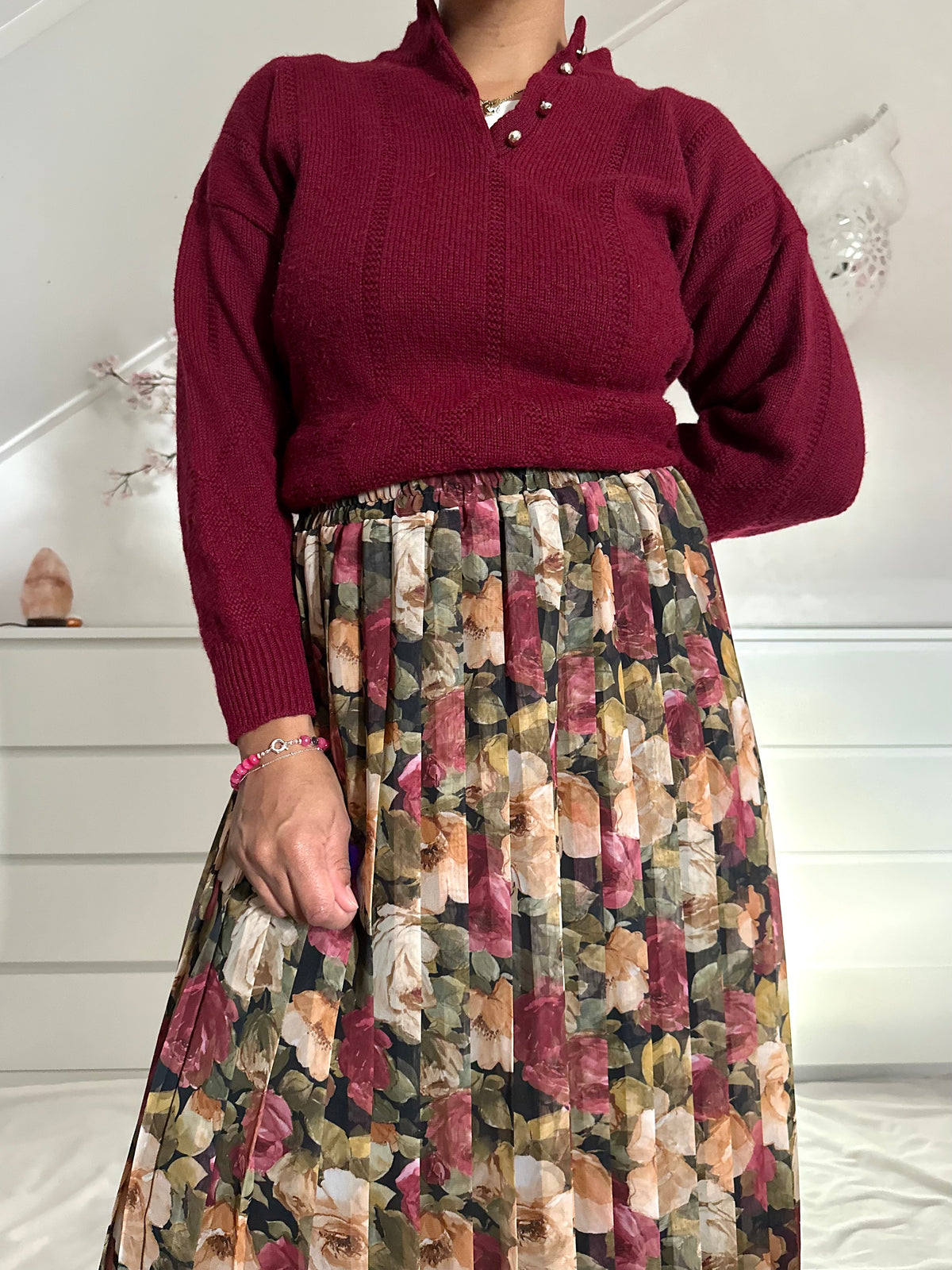 Vintage plooirok met bloemenprint in herfstkleuren - XL/XXL