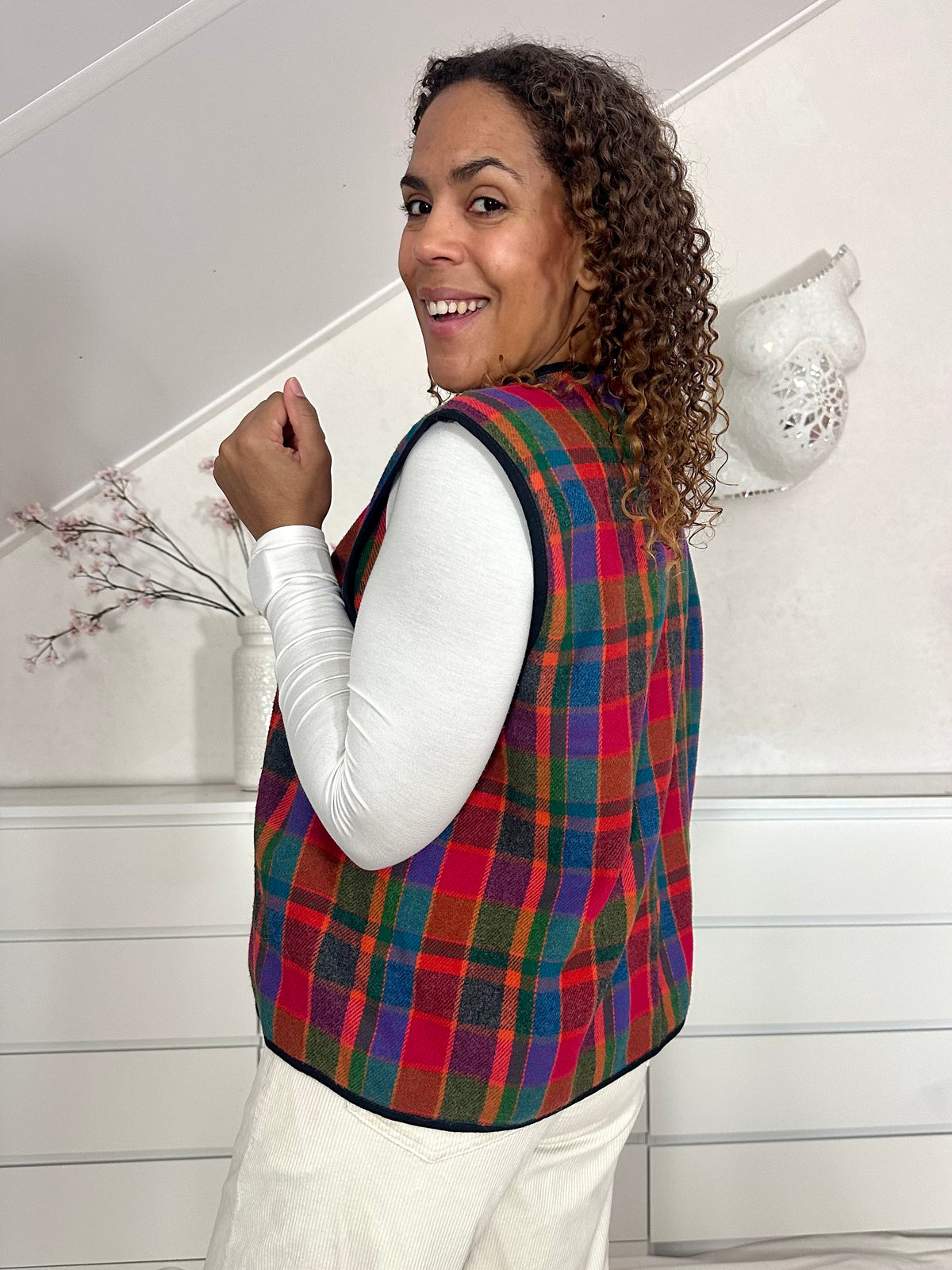 Vintage zachte gilet met geblokte print - M/L