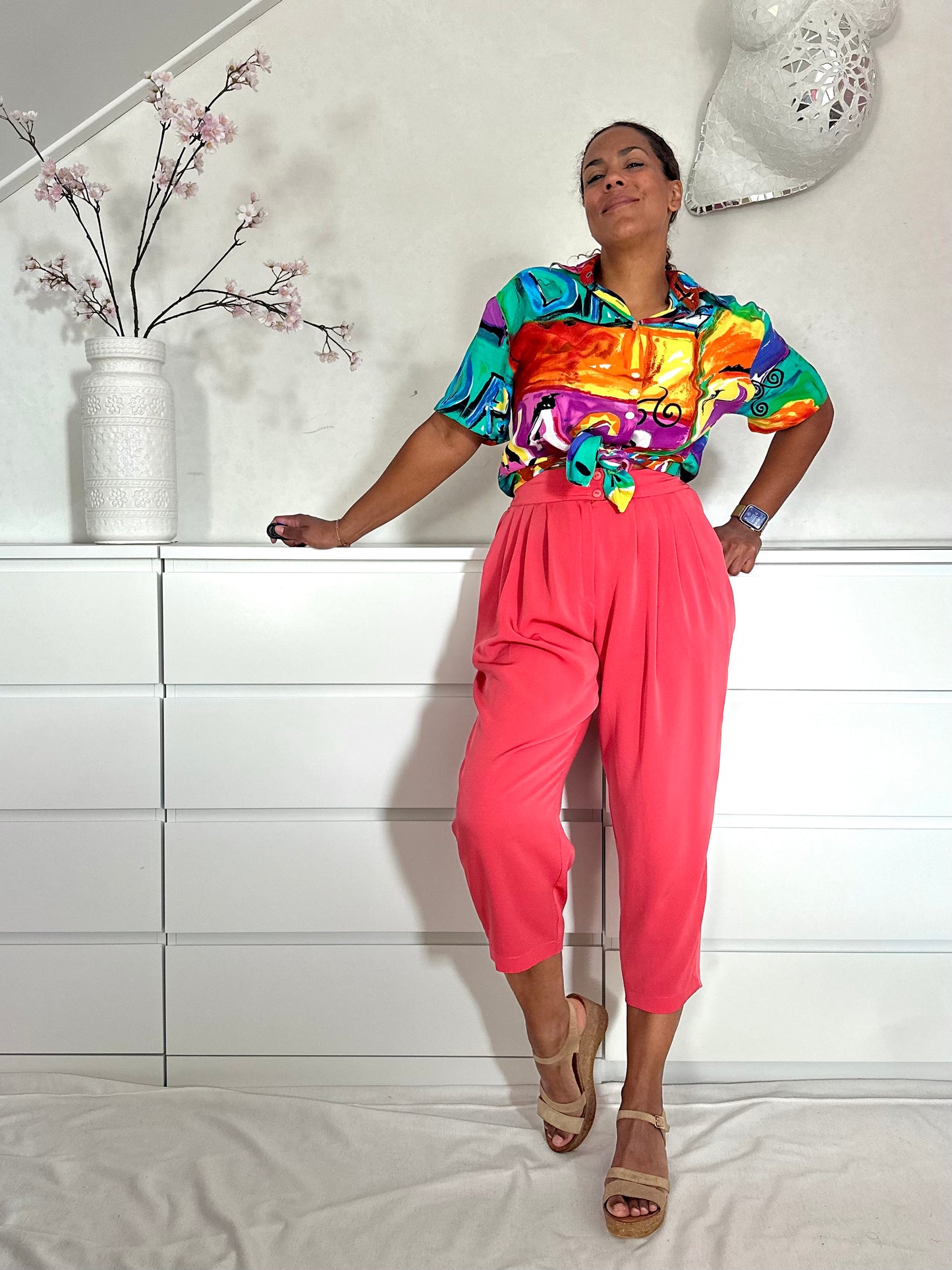 Vintage koraalrode zomer pantalon - L