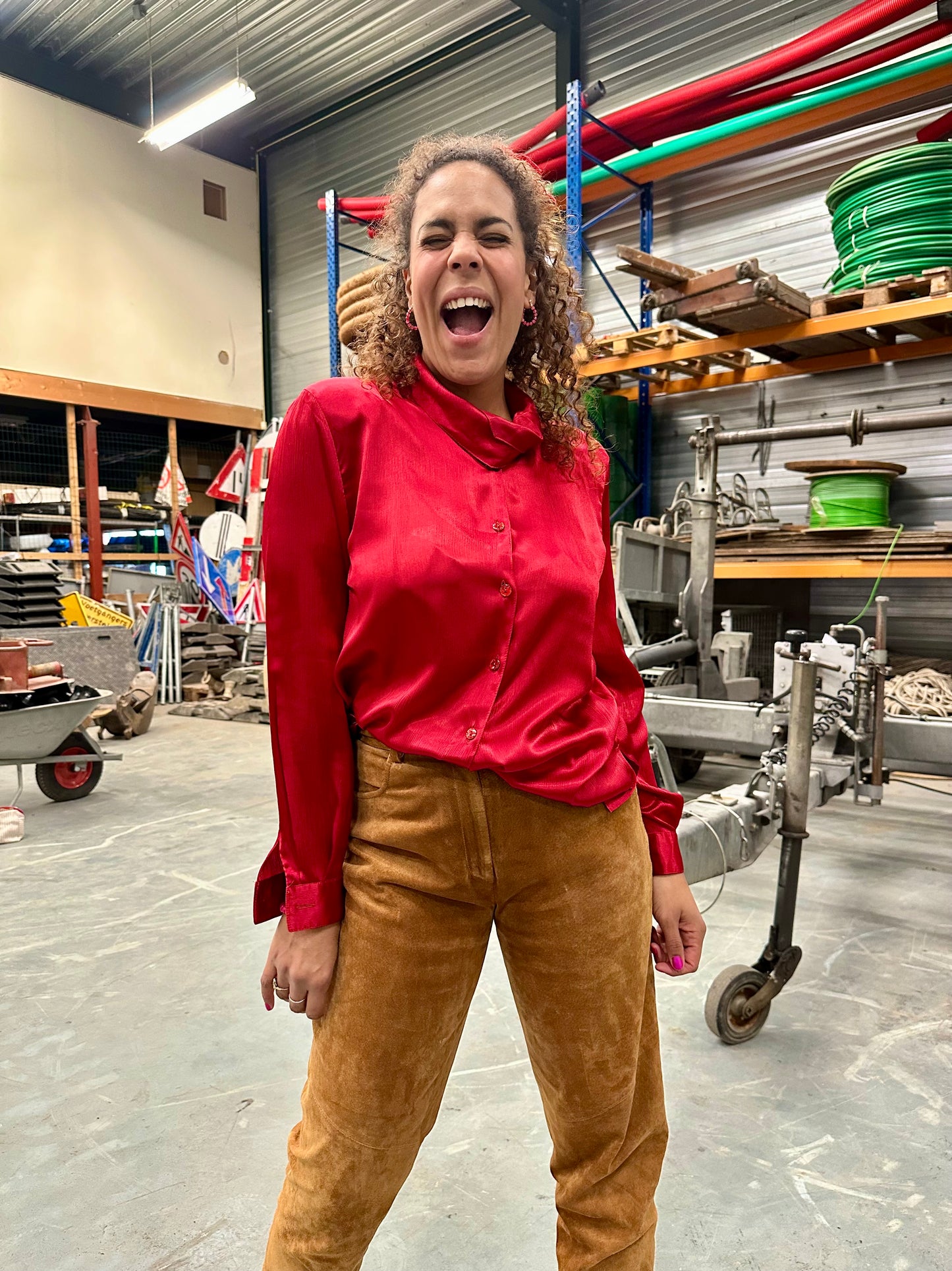 Vintage glanzende rode blouse - L