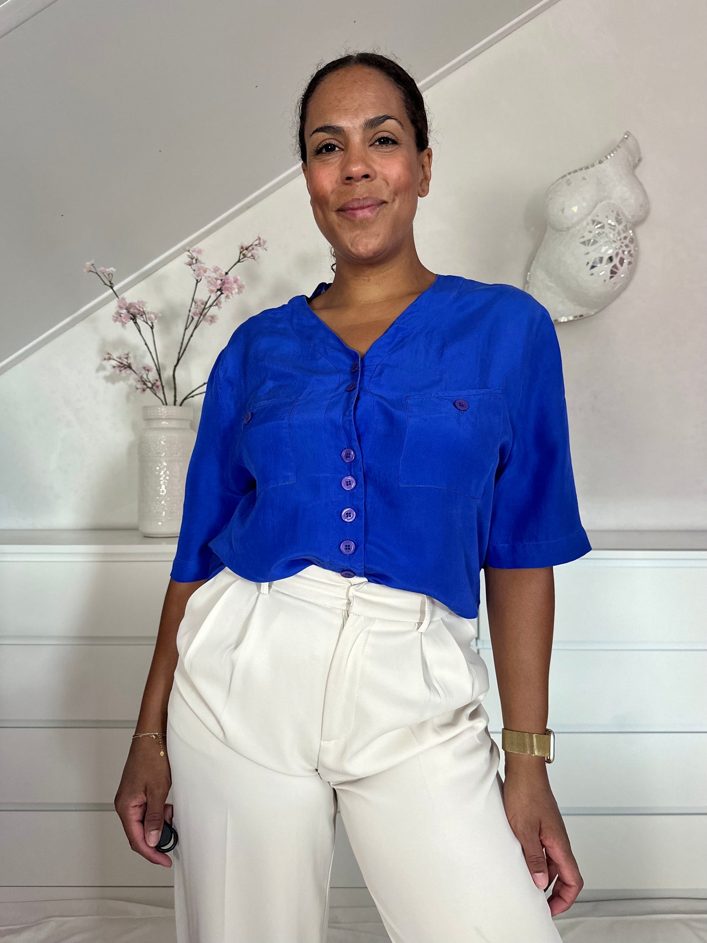 Vintage kobaltblauwe blouse van zijde - XL