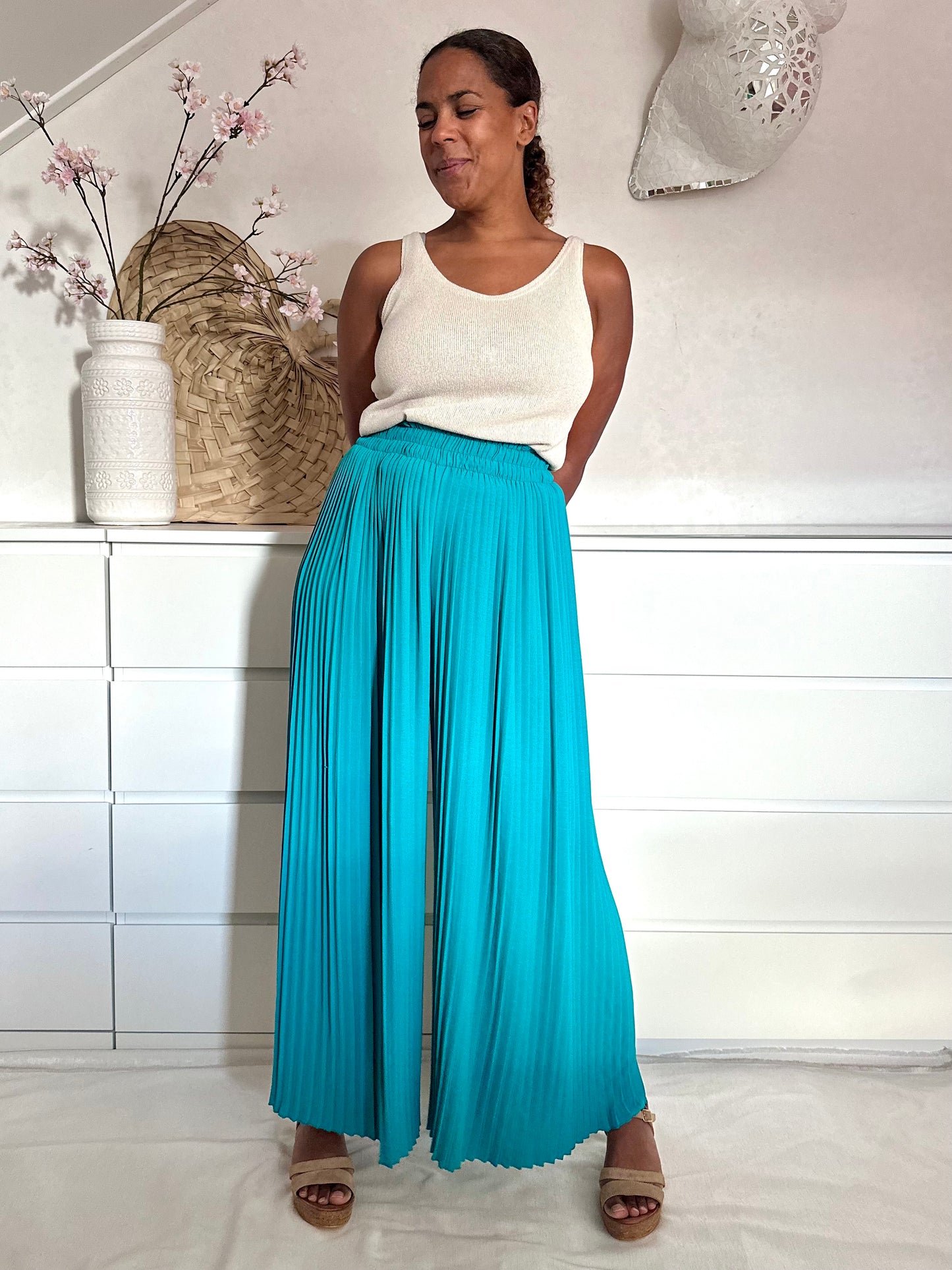 Vintage geplooide palazzo broek in turquoise - S/M