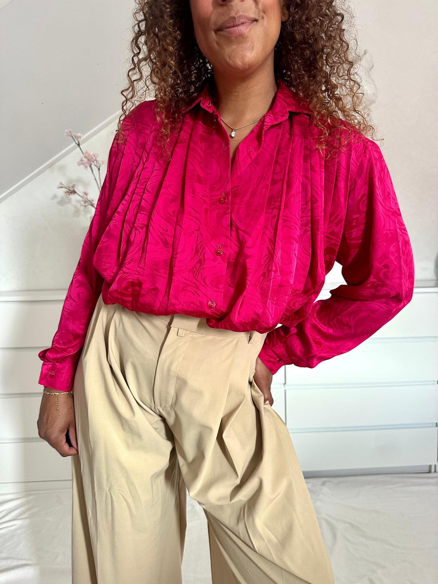 Vintage framboos roze geplooide blouse - XL/XXL