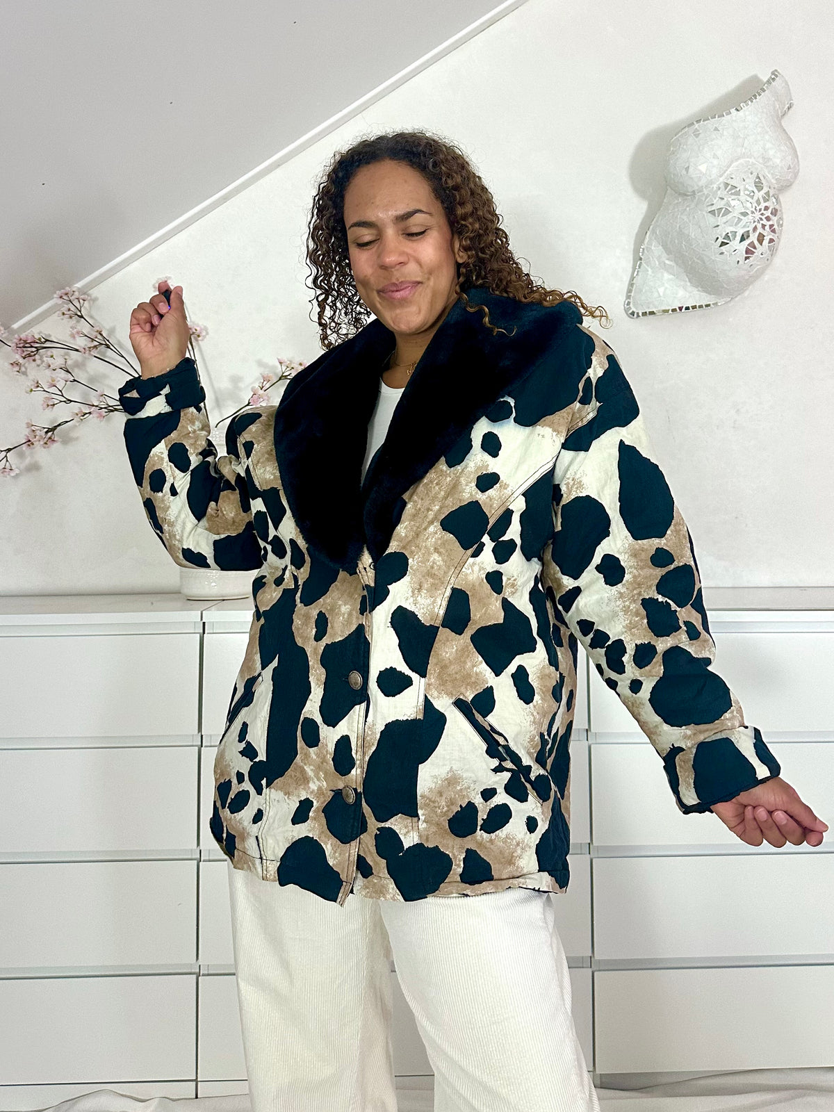 Vintage giraffe print puffer jack met faux fur kraag - L/XL