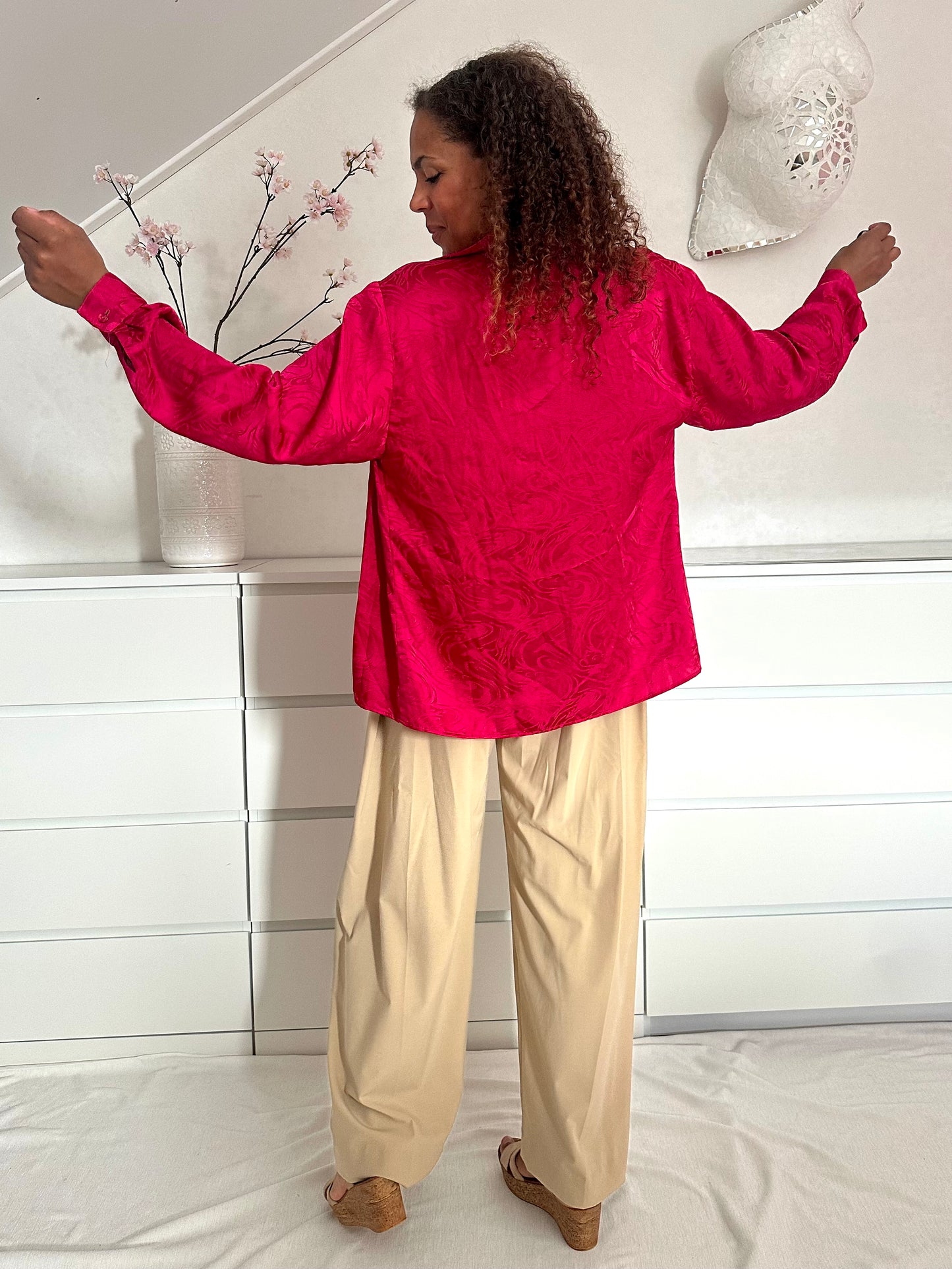 Vintage framboos roze geplooide blouse - XL/XXL