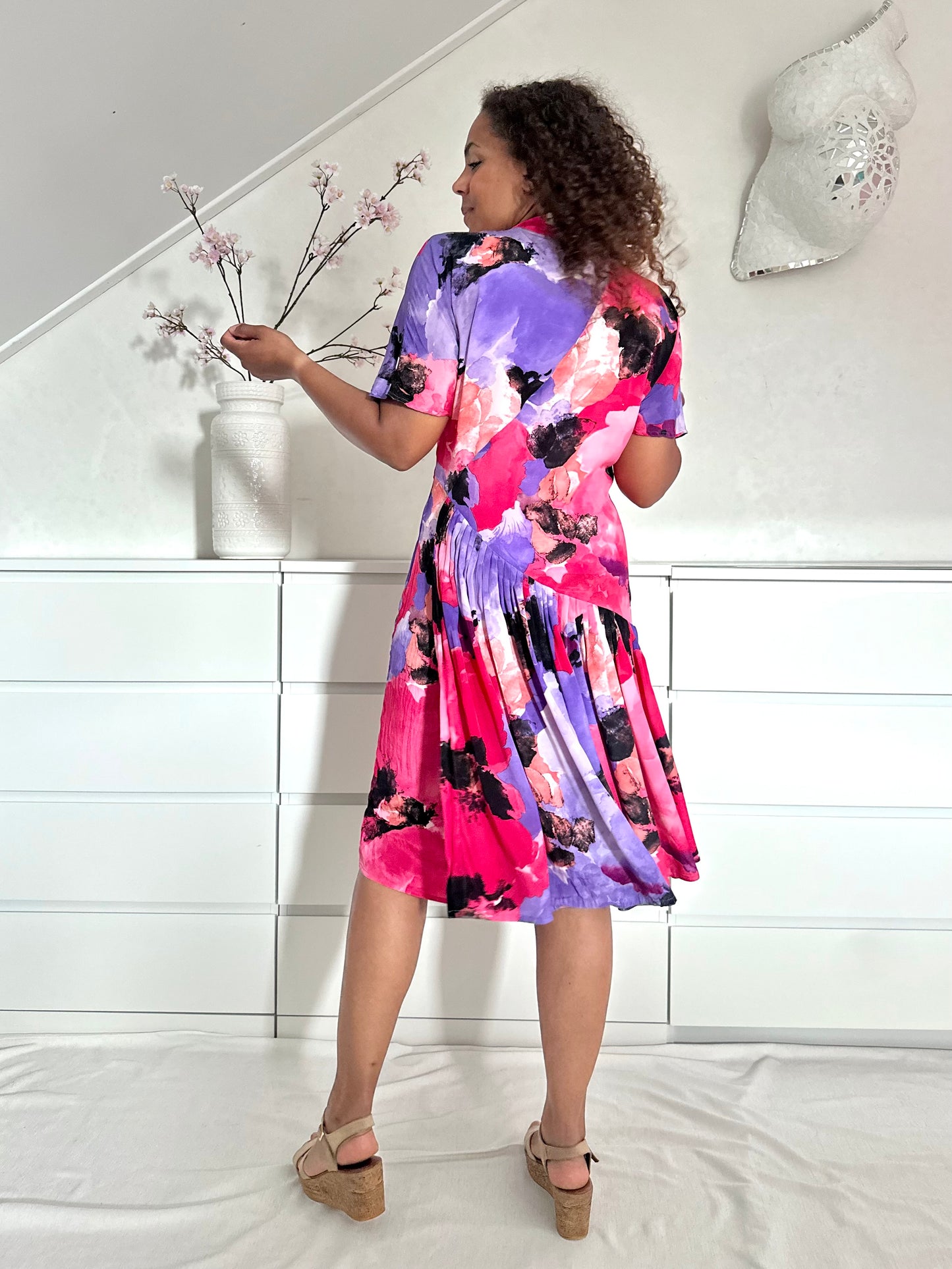 Vintage paars/roze zomerjurk van zijdemix - L