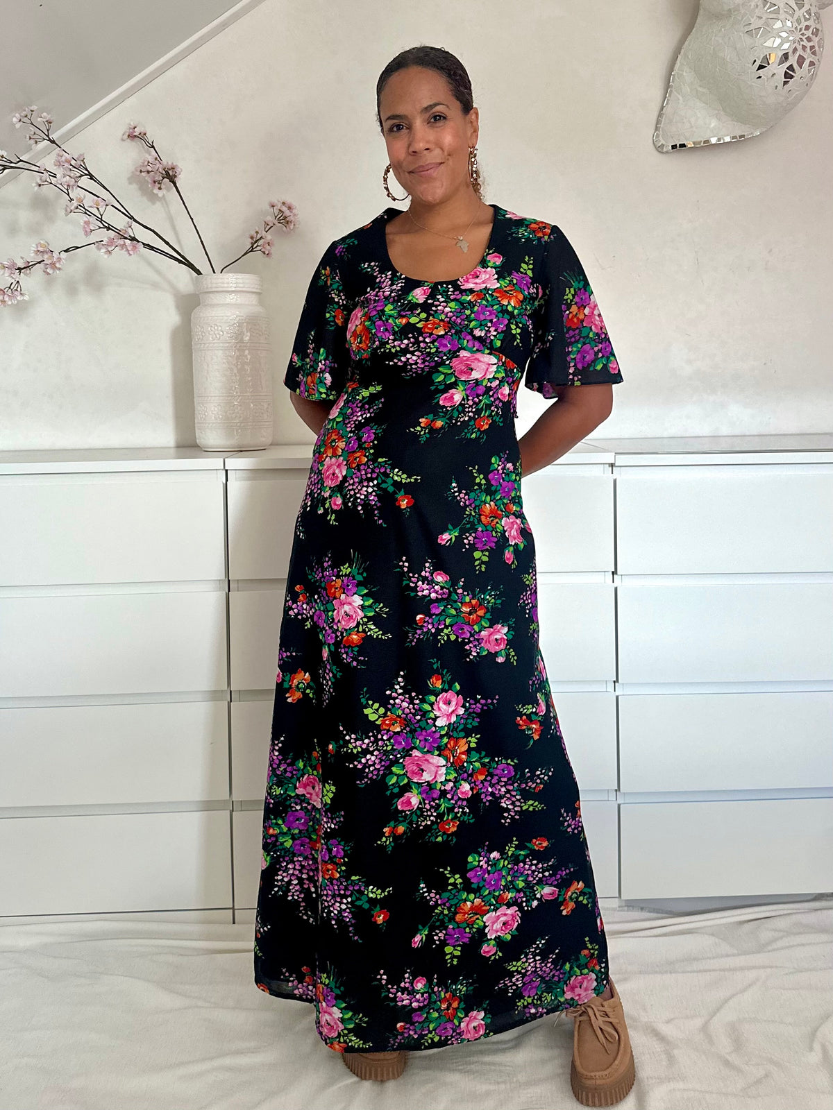 Vintage maxi-jurk uit de 70's met bloemenprint - M