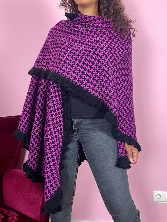 Vintage pied-de-poule wollen poncho