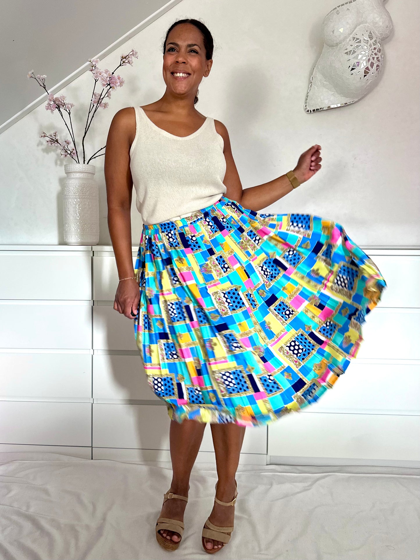 Vintage plooirok in vrolijke kleuren - L/XL