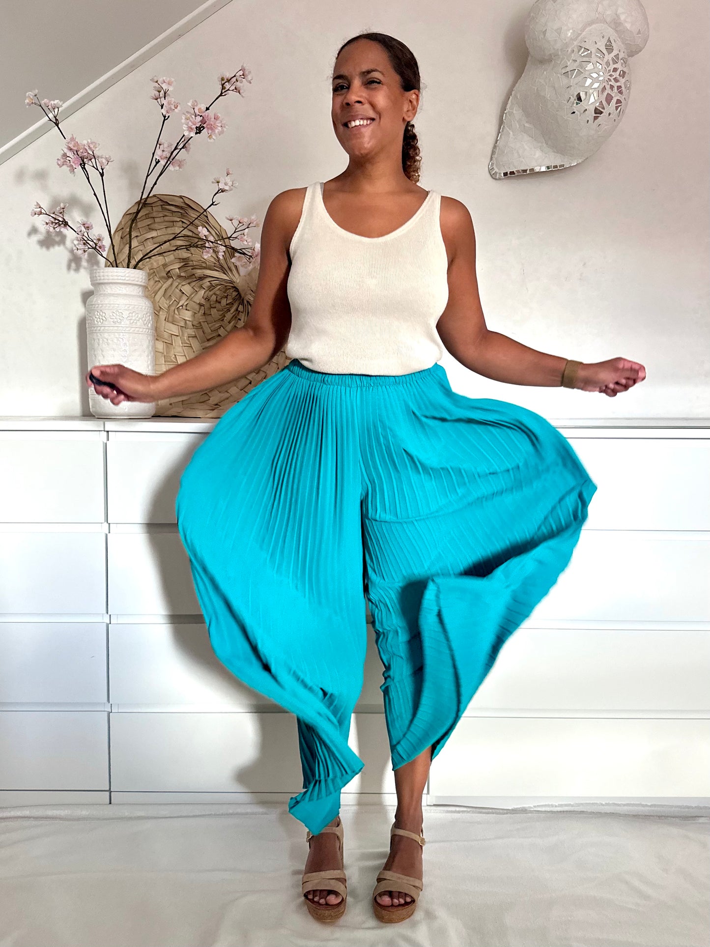 Vintage geplooide palazzo broek in turquoise - S/M