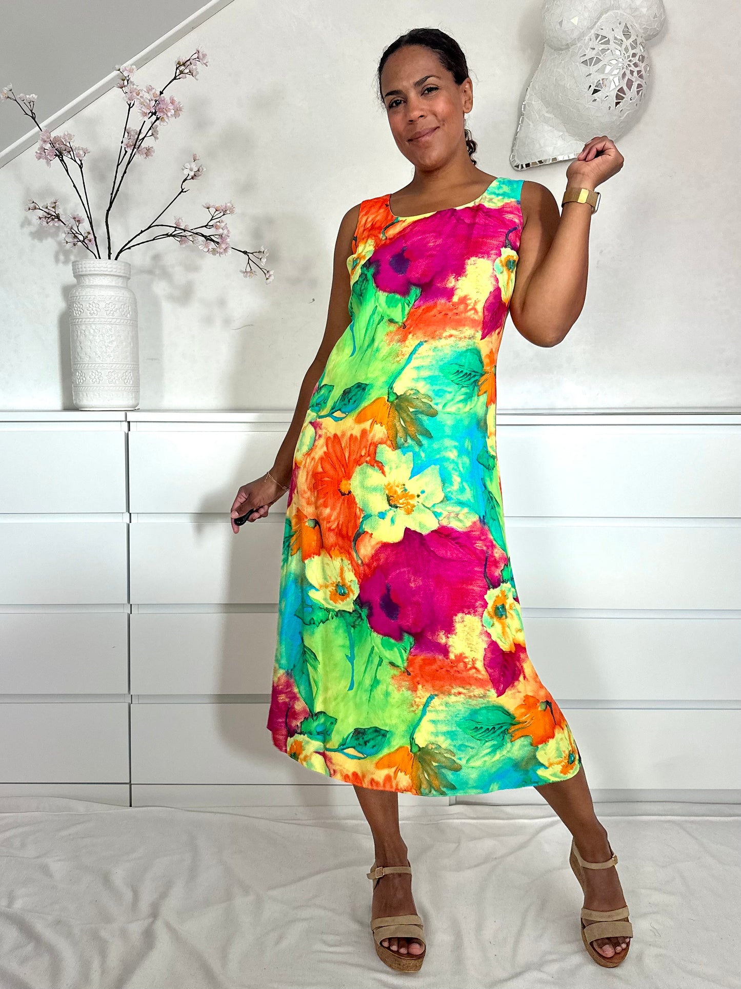 Vintage felgekleurde maxi-jurk van viscose - M/L
