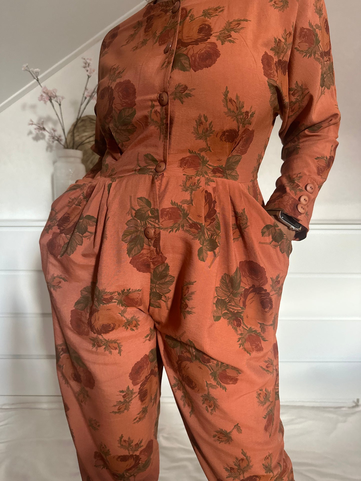Vintage viscose jumpsuit in terra cotta - M
