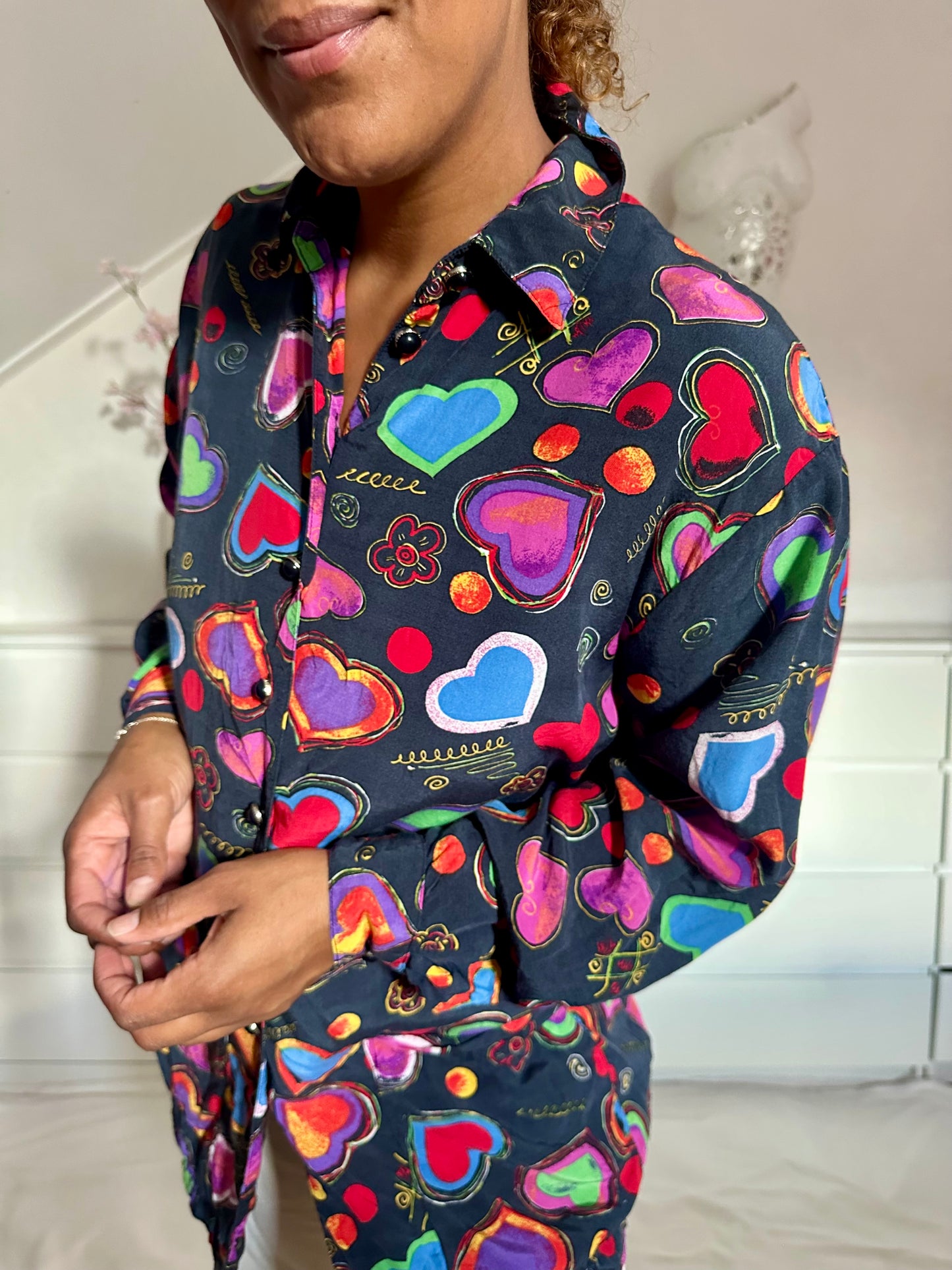 Vintage viscose blouse met hartjes - XL/XXL