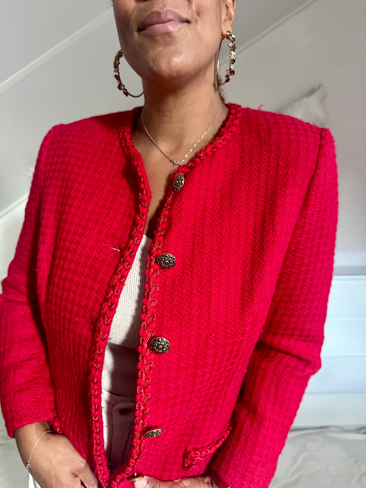 Vintage knalrood bouclé jasje - M