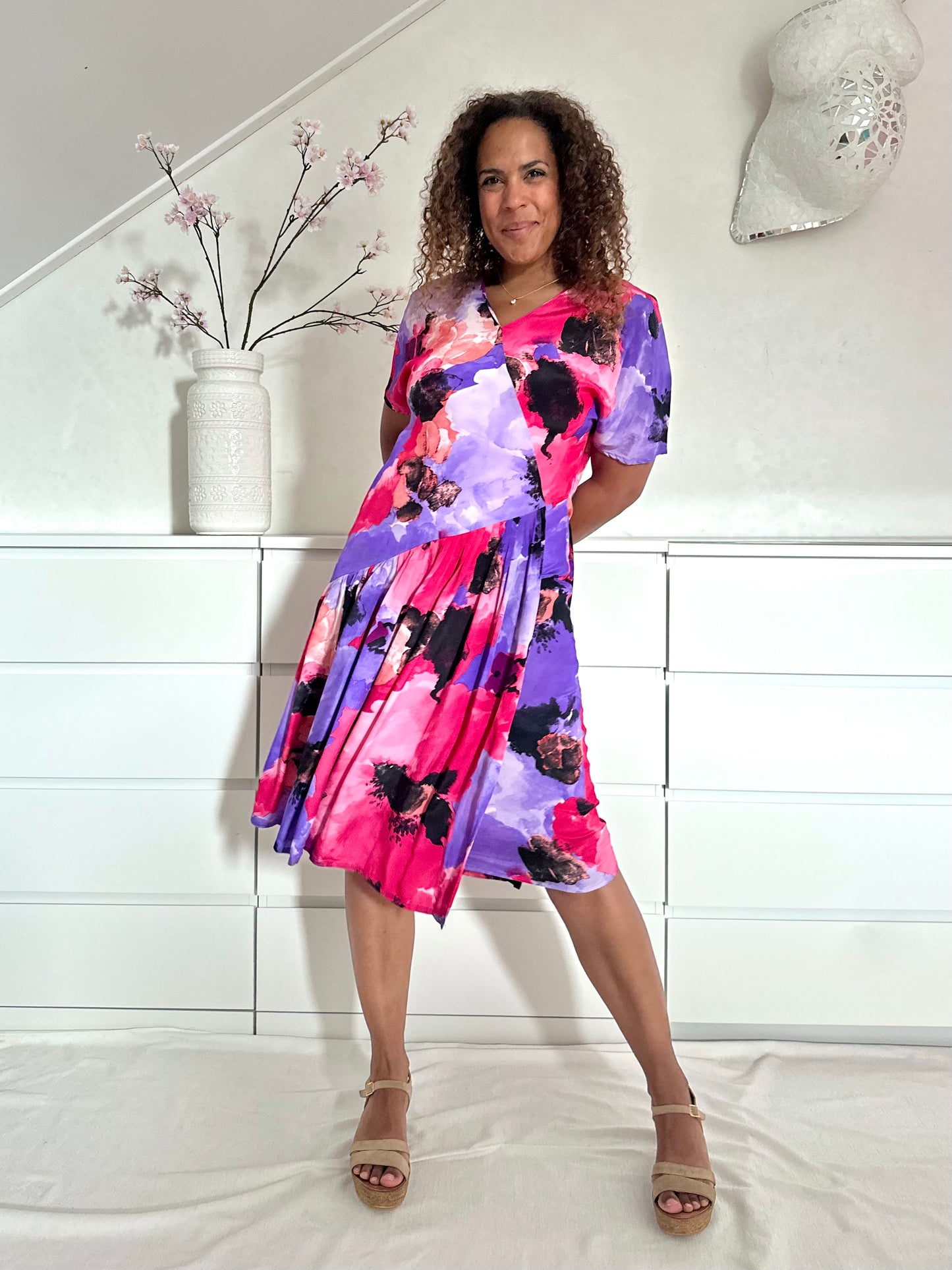 Vintage paars/roze zomerjurk van zijdemix - L