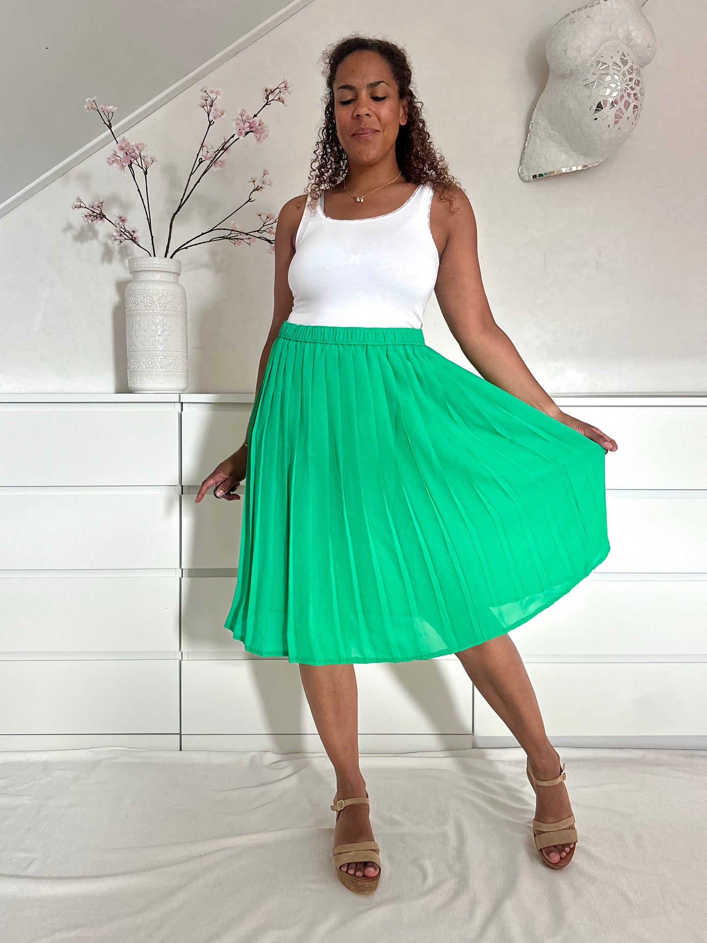 Vintage groene midirok met plooien - L/XL