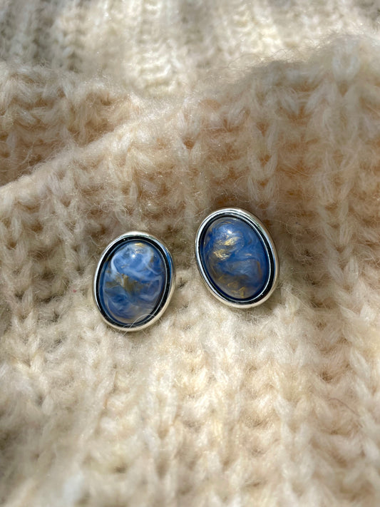 Vintage silver & blue marble clip-on oorbellen