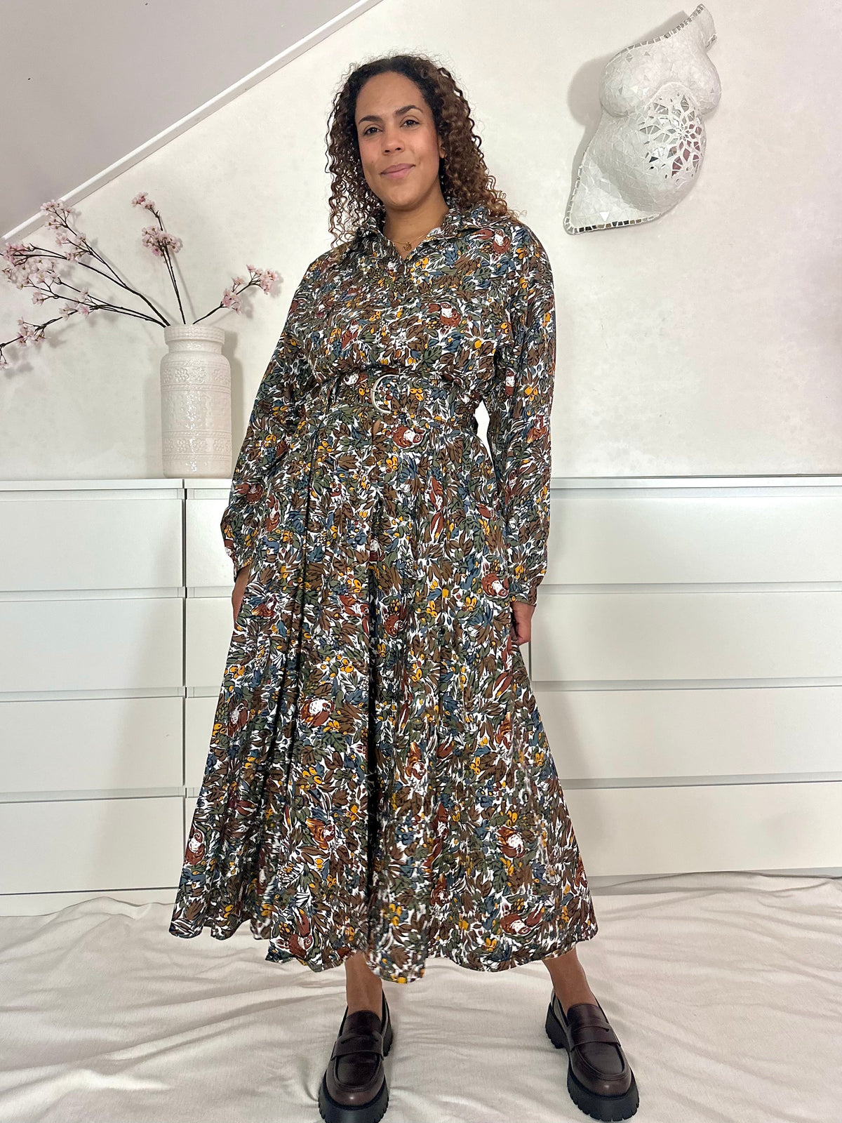 Vintage maxi-jurk in katoen met  botanische vogel print - M