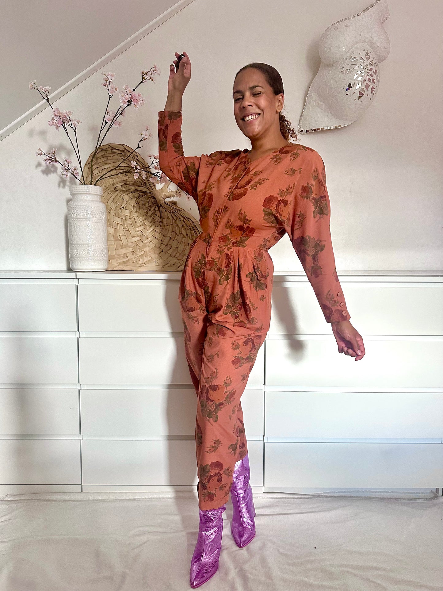Vintage viscose jumpsuit in terra cotta - M