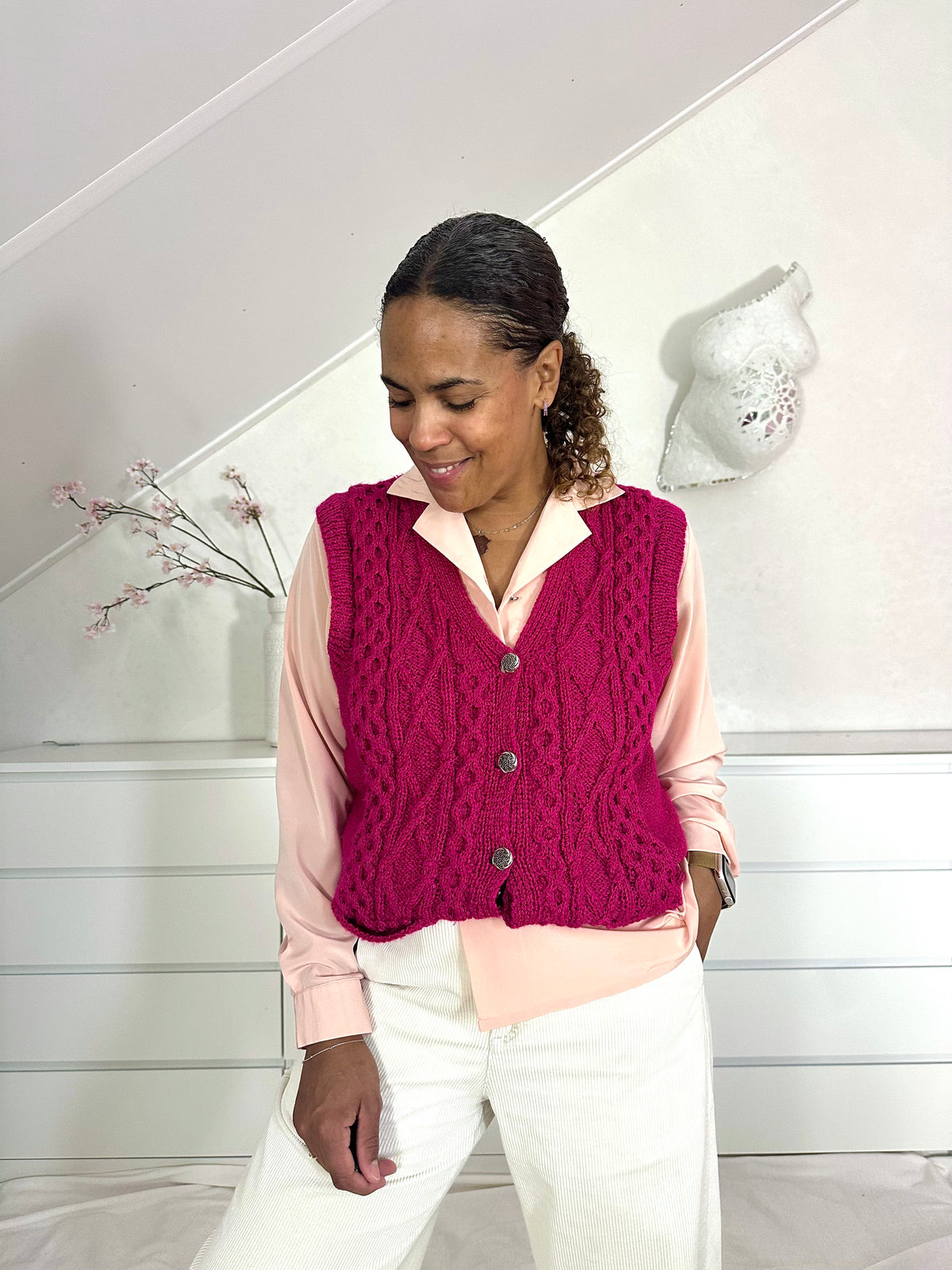 Vintage fuchsia gebreide waistcoat - L