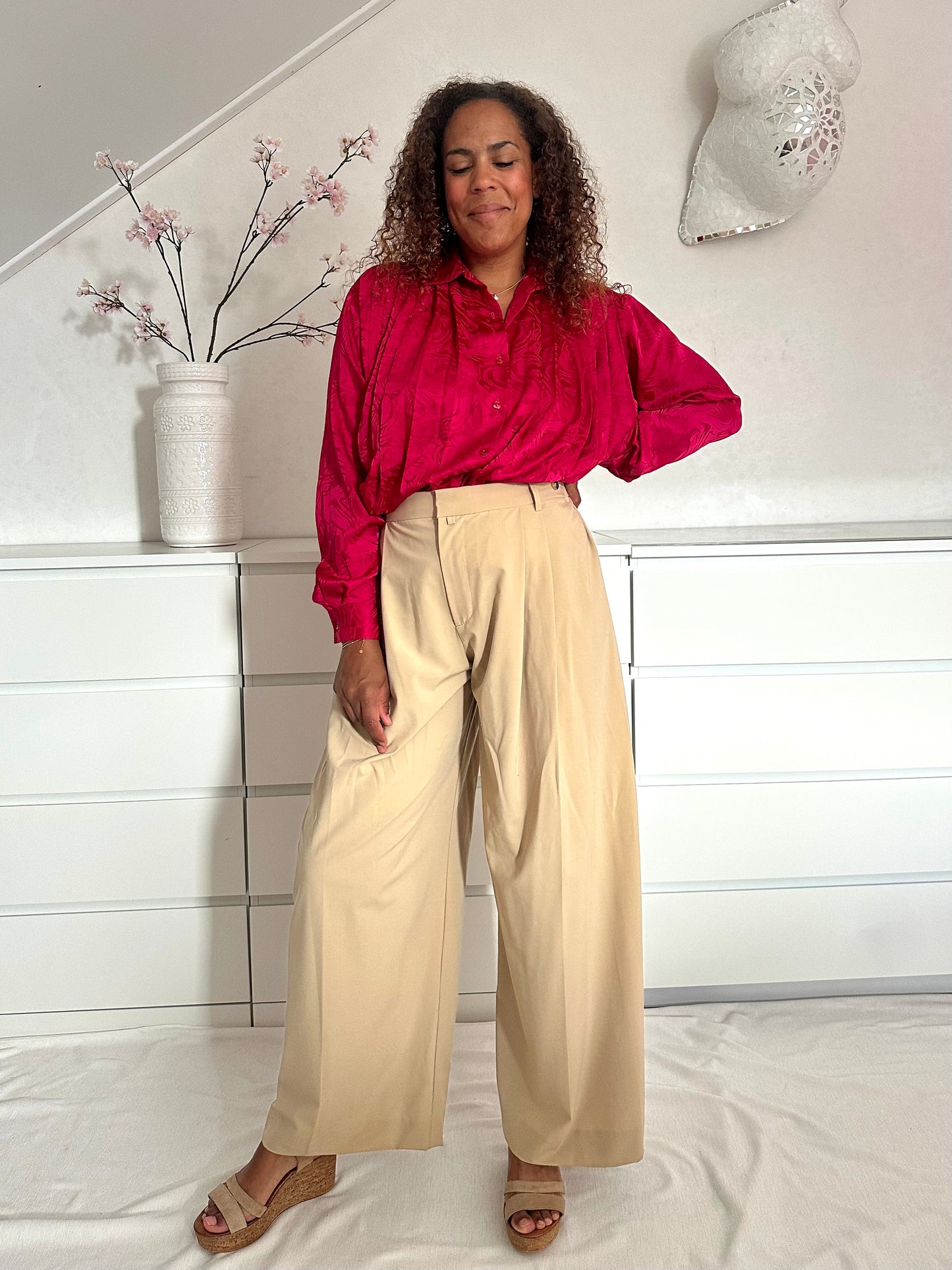 Vintage framboos roze geplooide blouse - XL/XXL