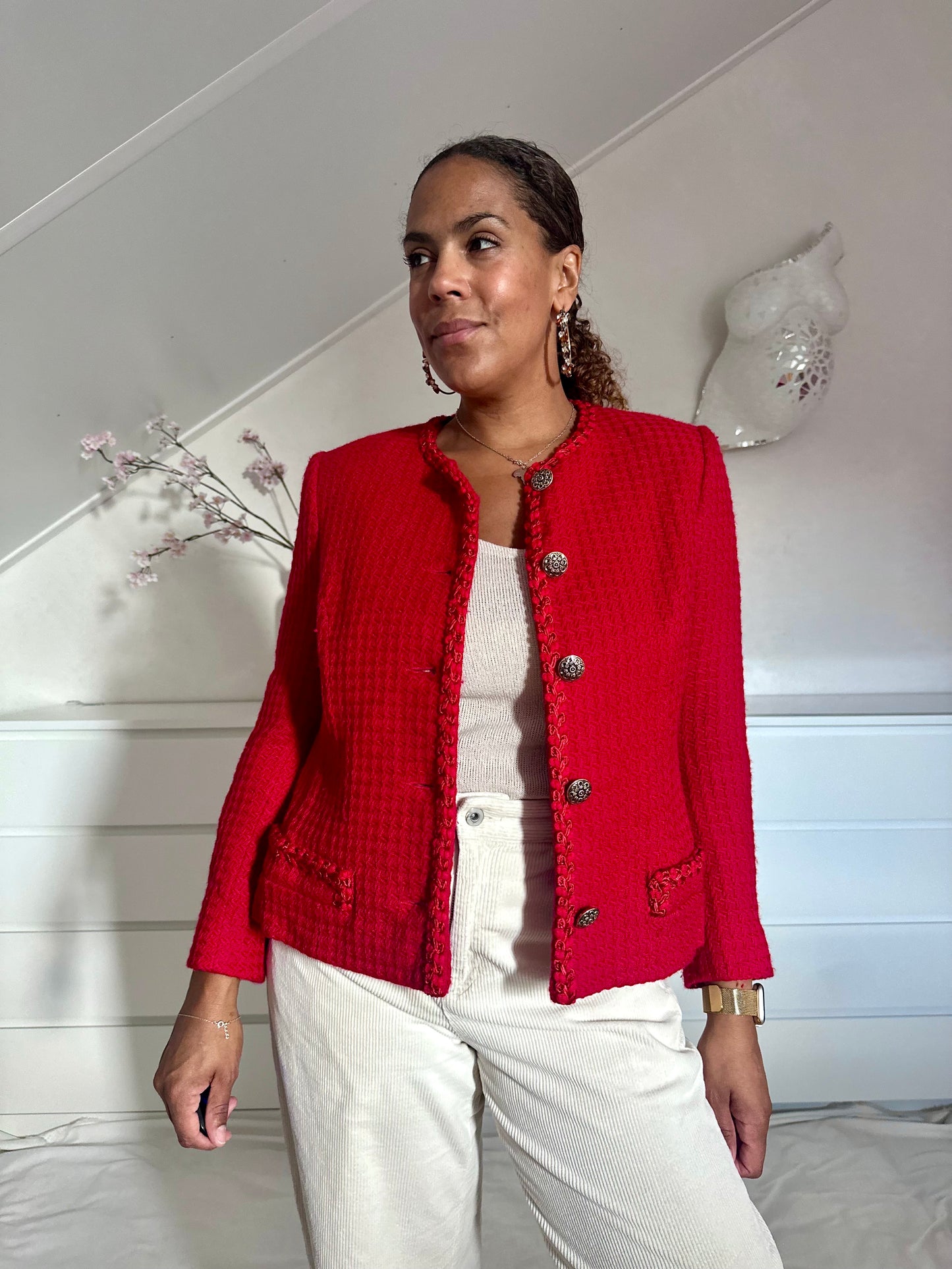Vintage knalrood bouclé jasje - M