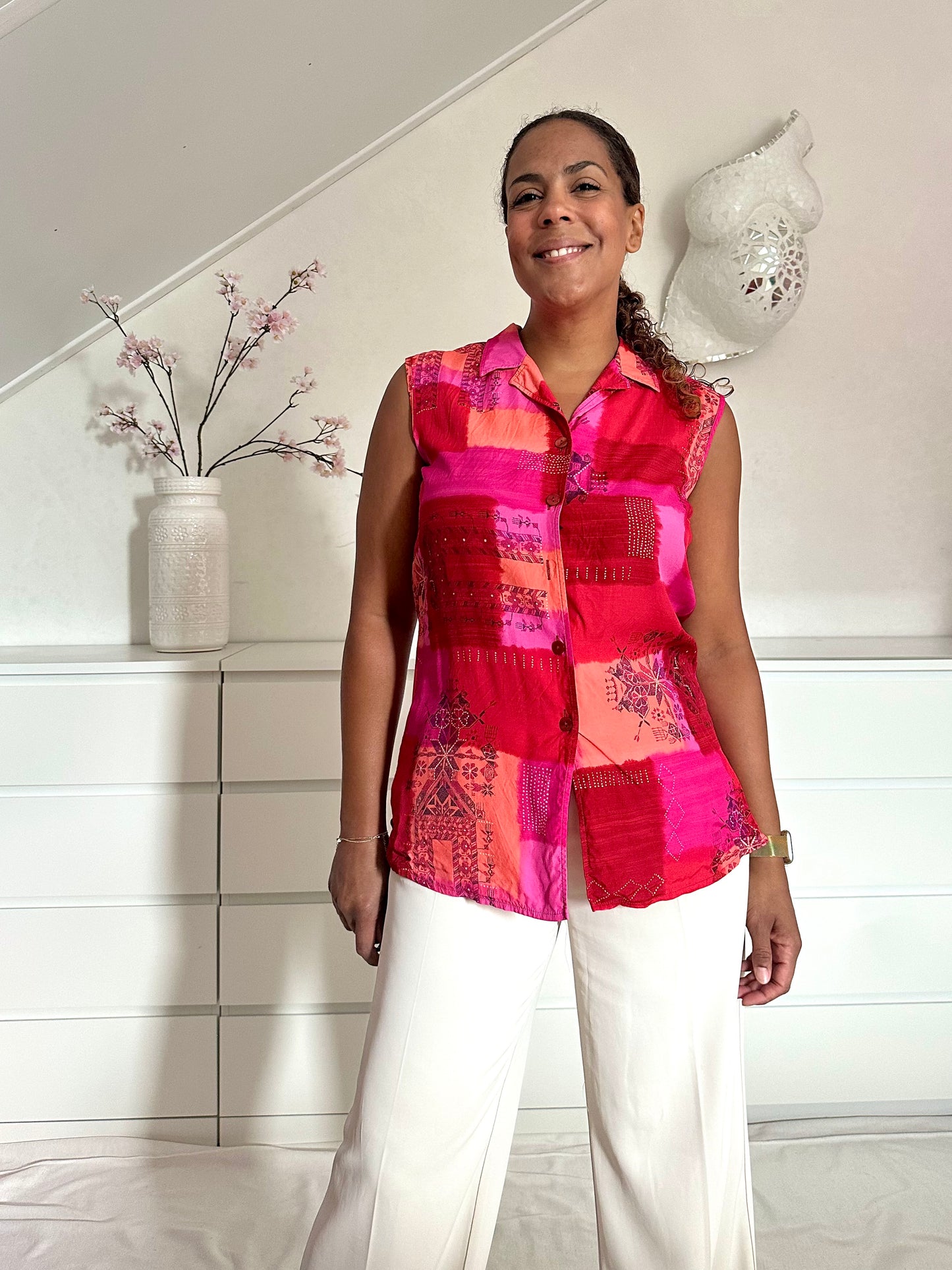 Vintage mouwloze blouse van viscose in koraaltint - M/L