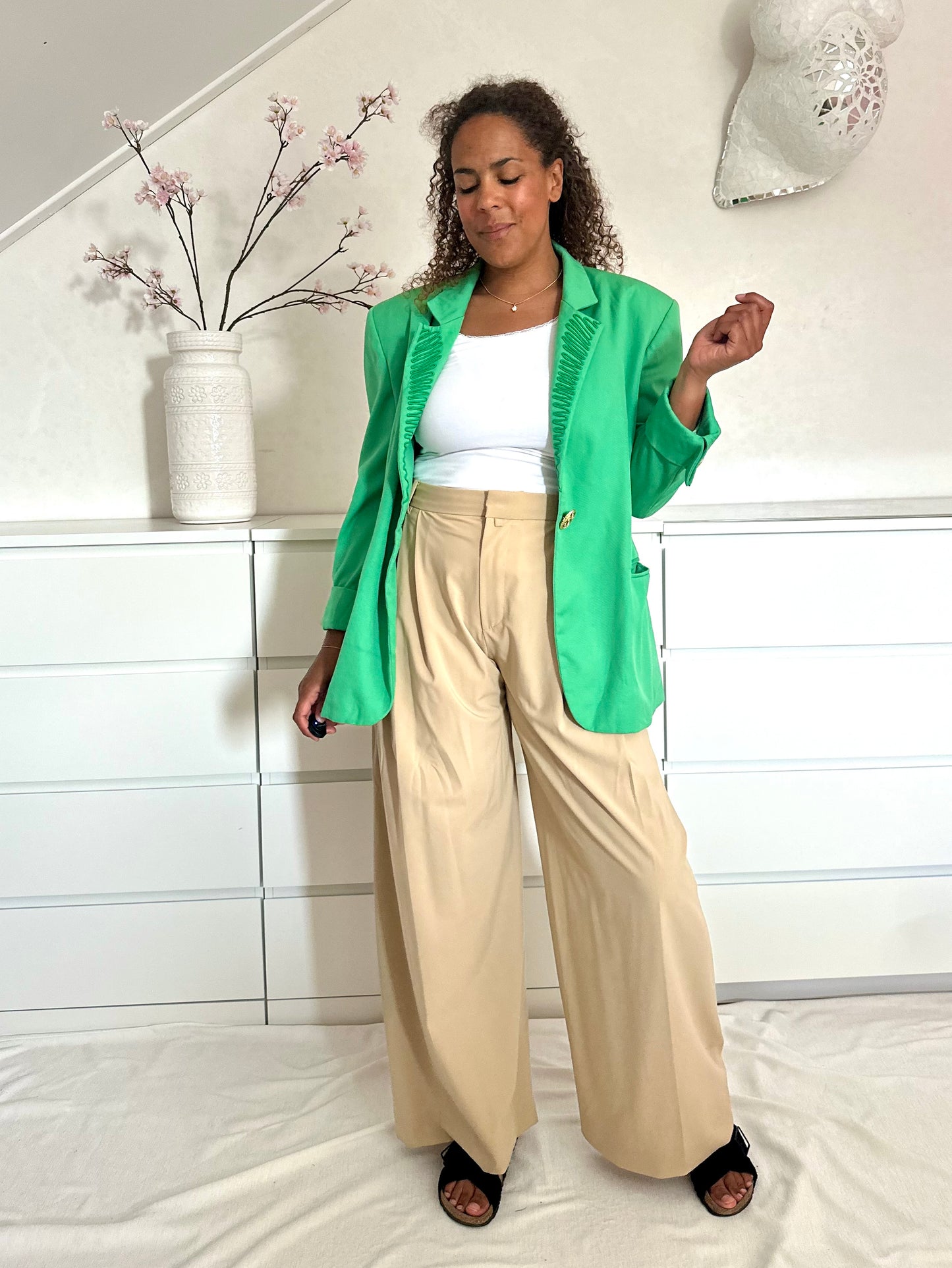 Vintage appelgroene blazer met geborduurde details - L/XL
