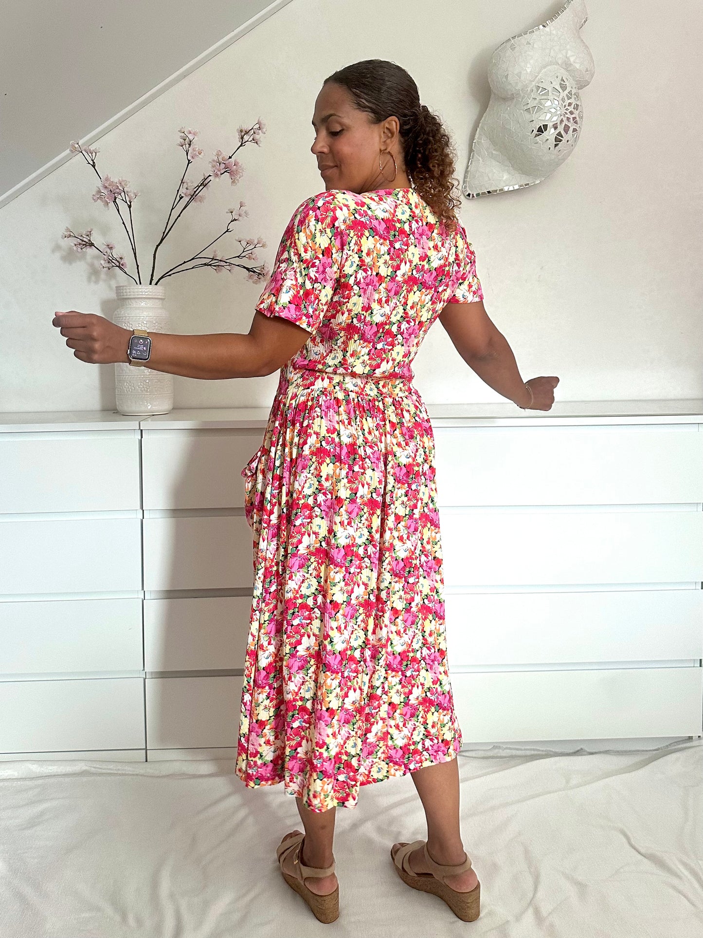 Vintage viscose zomerjurk met verfijnde bloemenprint - XL