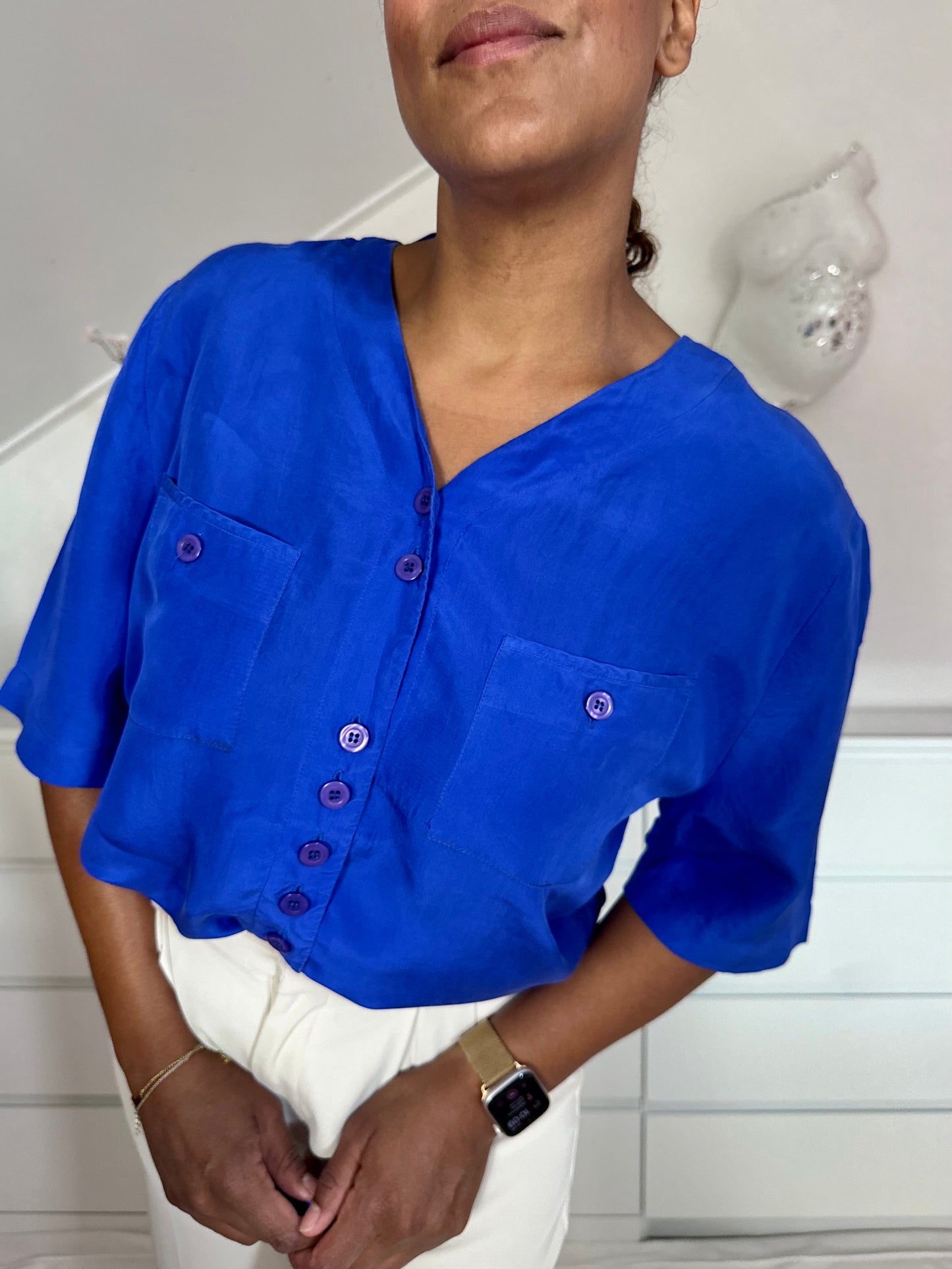 Vintage kobaltblauwe blouse van zijde - XL