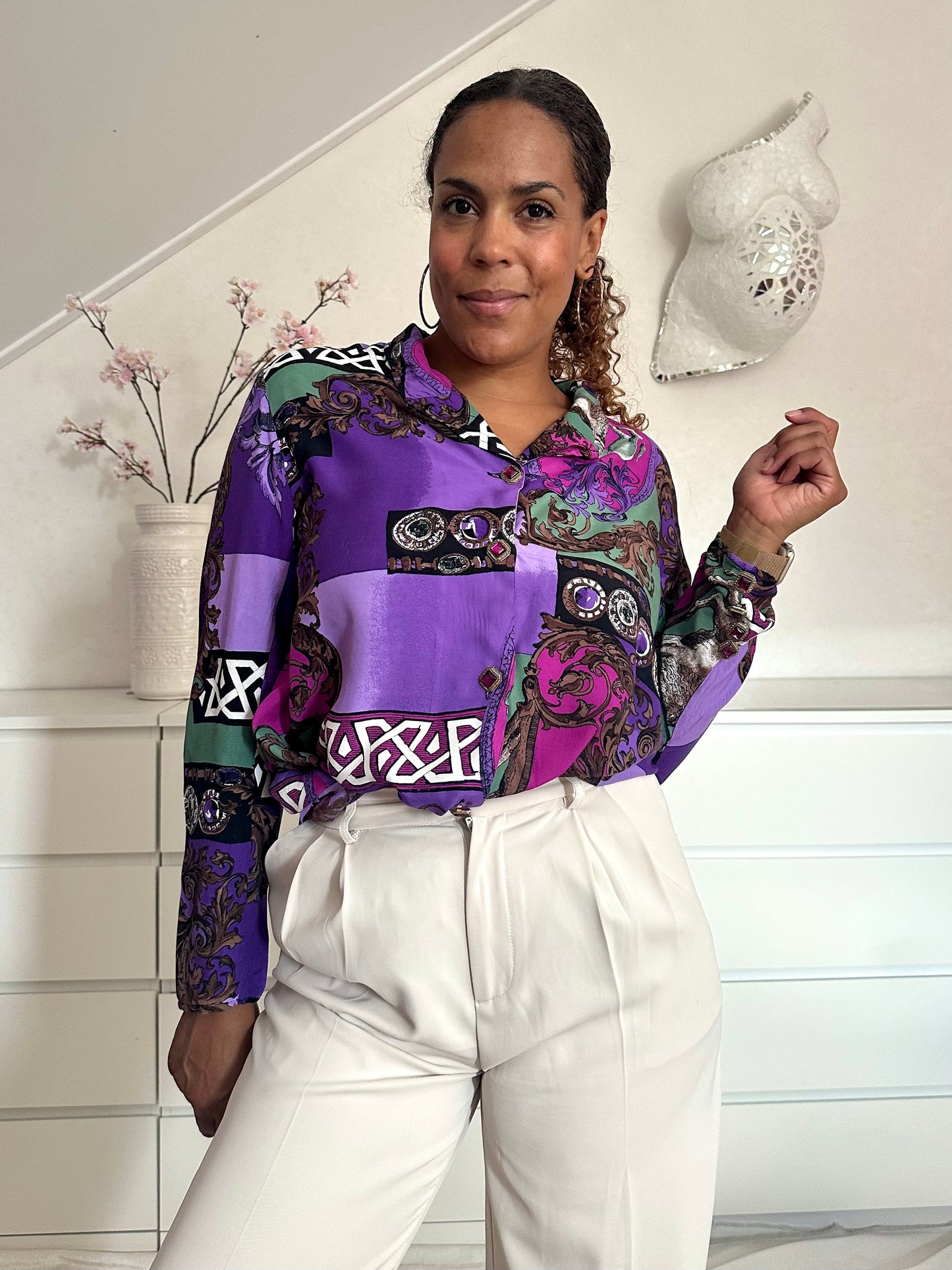 Vintage viscose blouse met barok print - XL