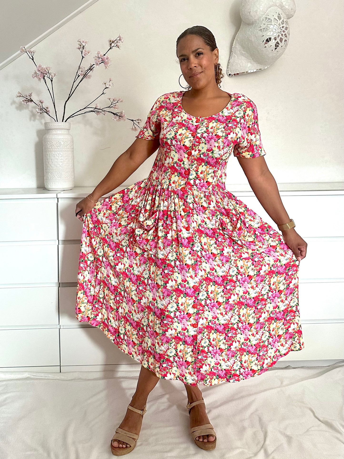 Vintage viscose zomerjurk met verfijnde bloemenprint - XL