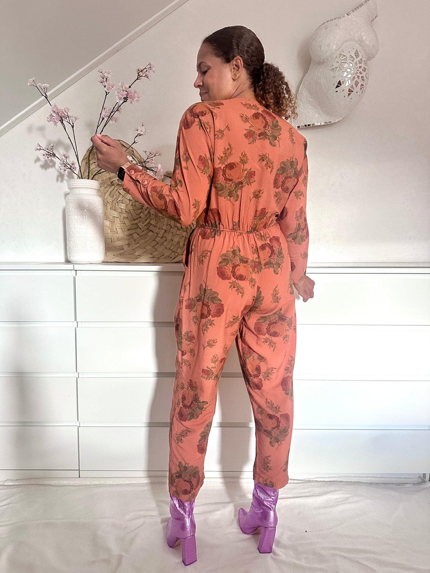 Vintage viscose jumpsuit in terra cotta - M