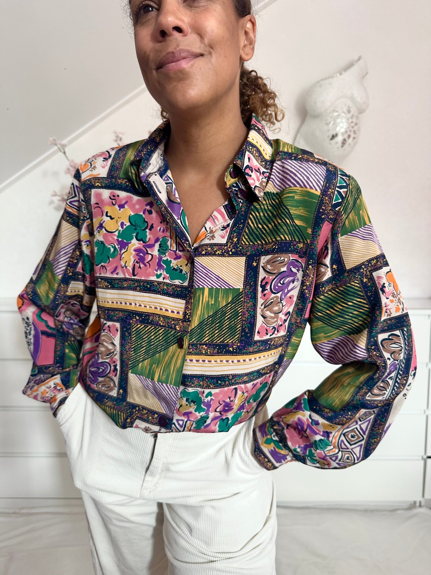 Vintage patchwork print blouse in oker en groen - L