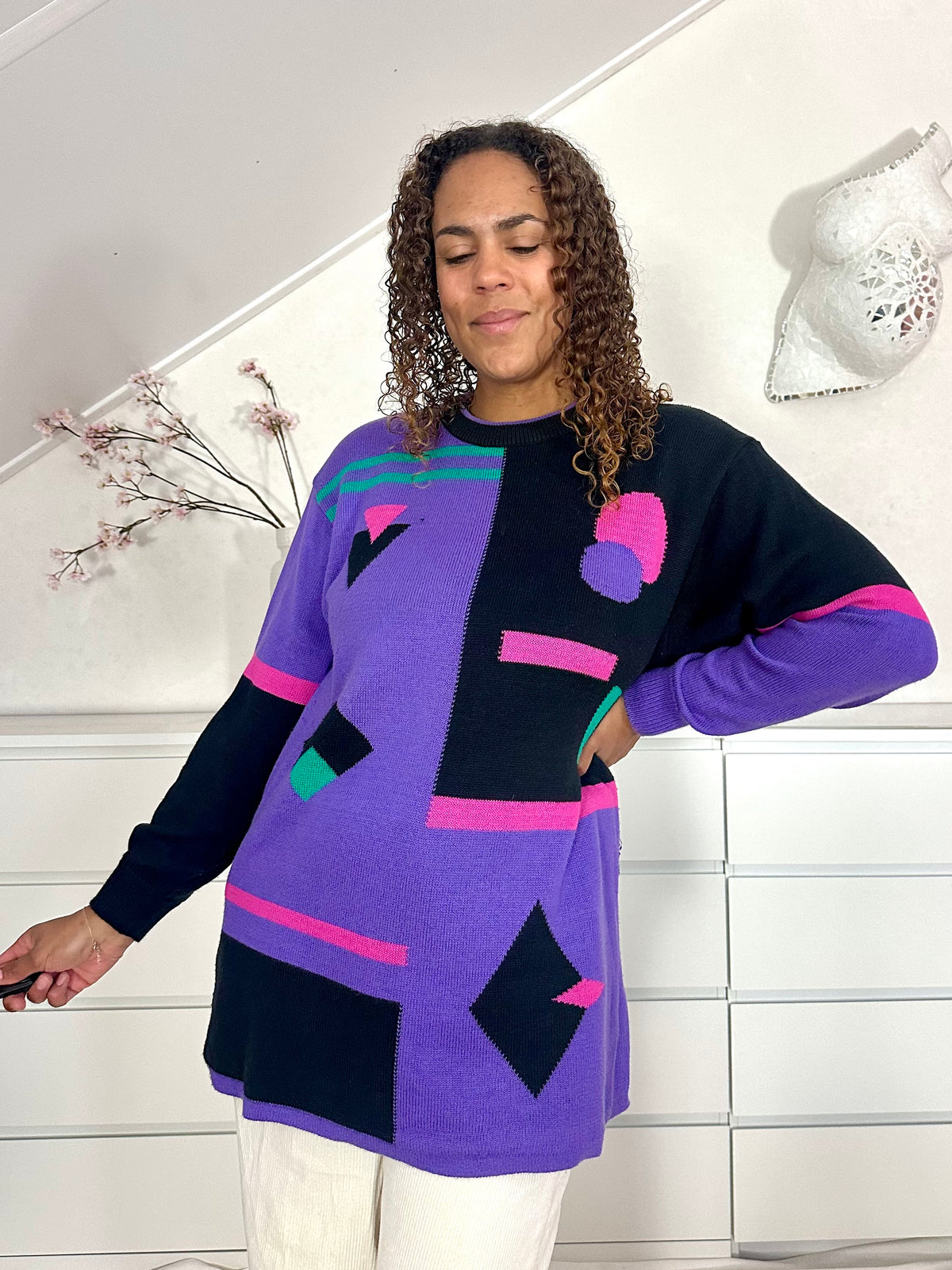 Vintage lange gebreide trui met 80’s print - XL/XXL