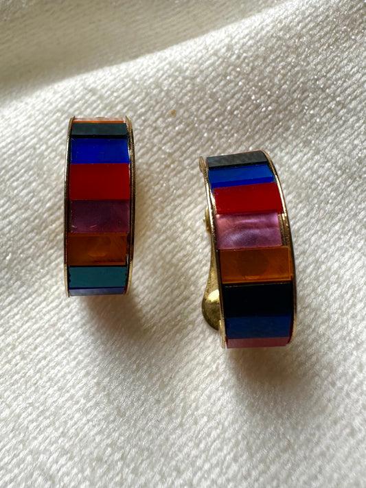 Vintage vergulde ronde clip oorbellen in multicolor