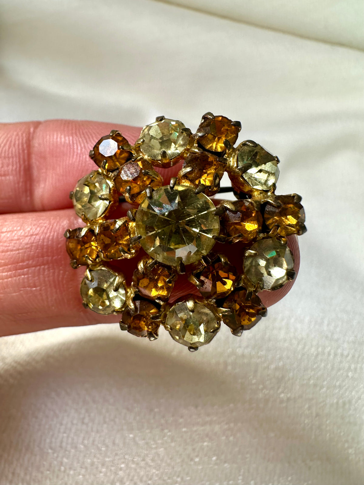 Vintage ronde broche met amberkleurige strass - S