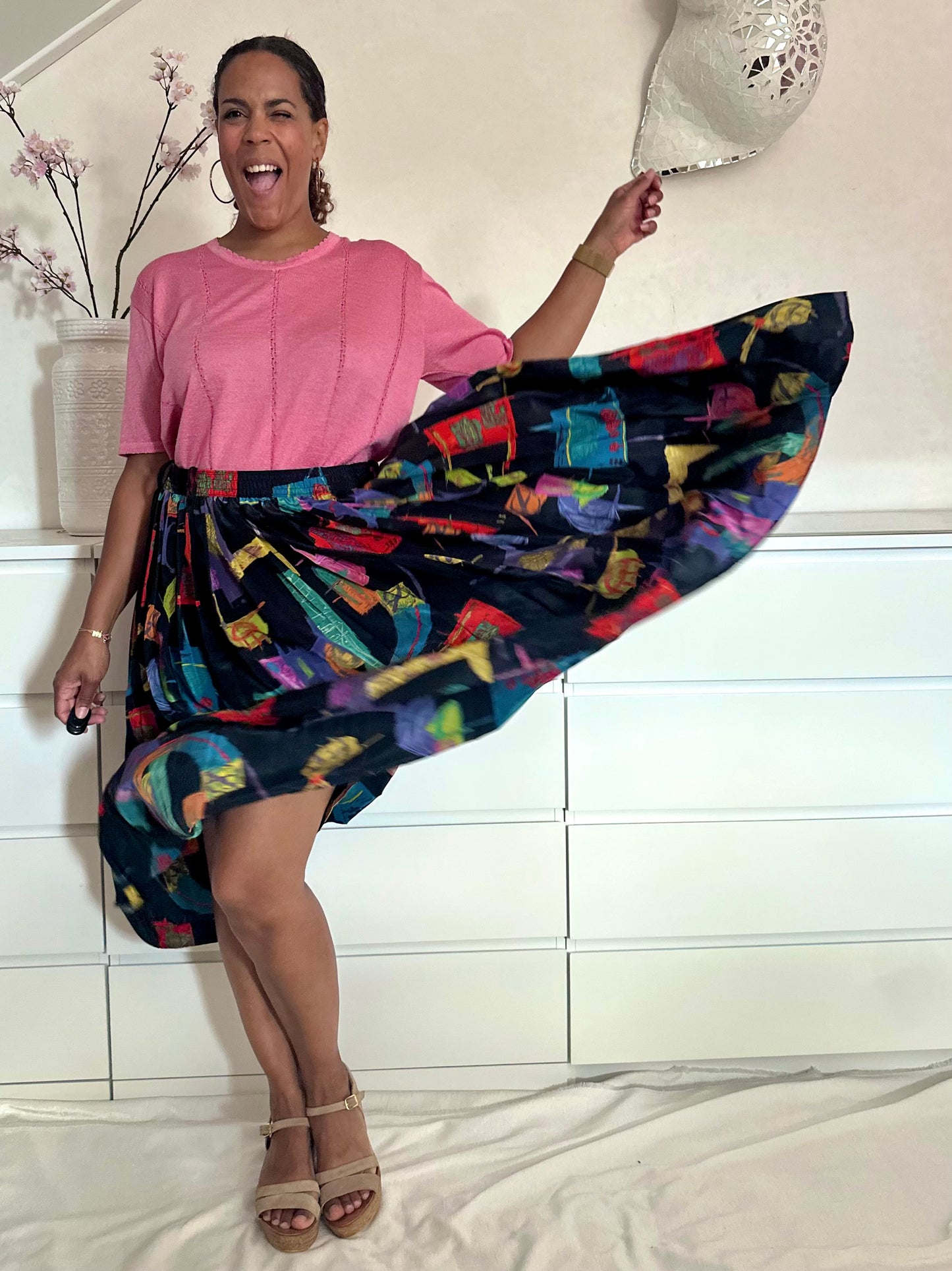 Vintage plus size midi-rok met abstracte print - XL/XXL