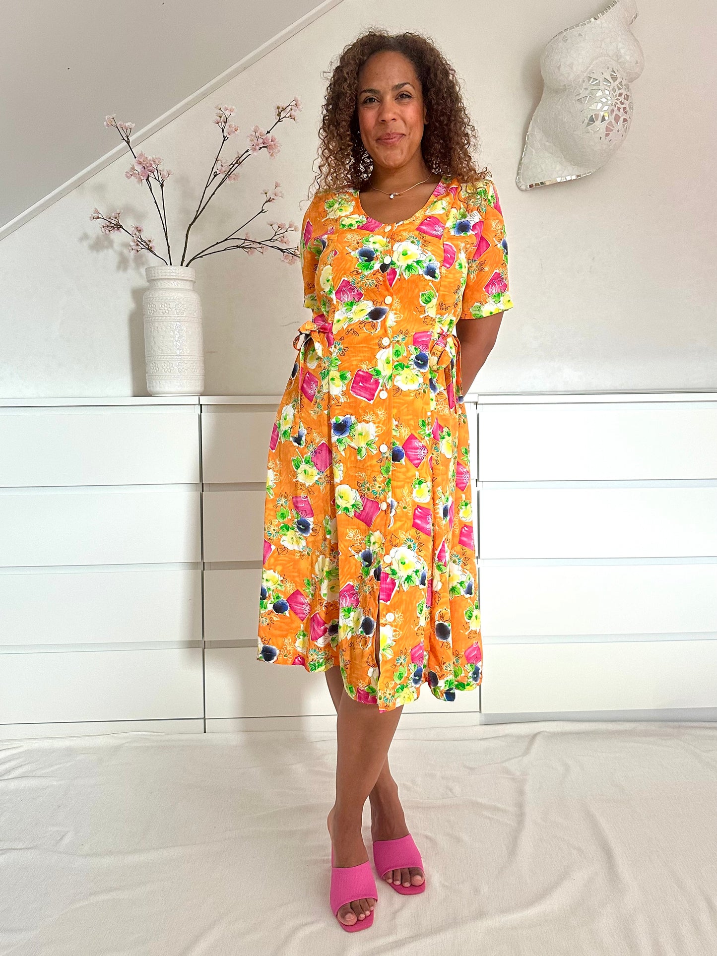 Vintage oranje midi-jurk met bloemenprint - L