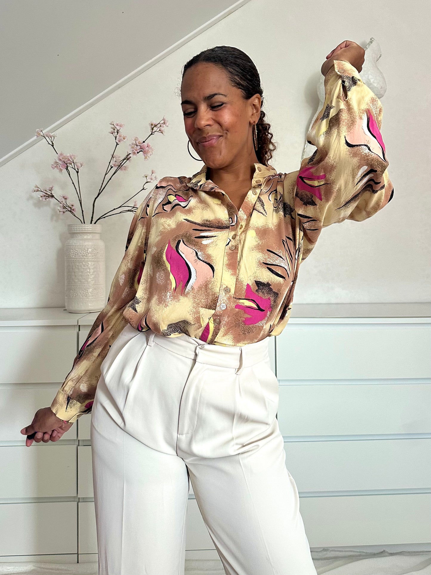 Vintage viscose blouse in beige met roze accenten - M/L