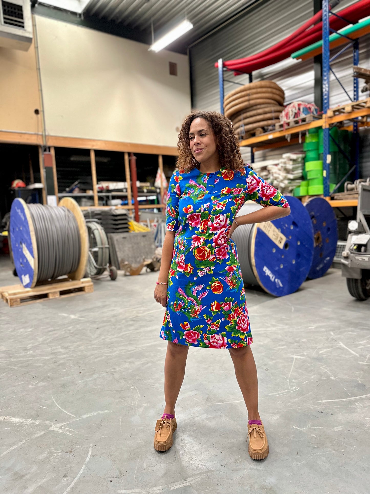 Vintage blauwe bloemenjurk -  S/M