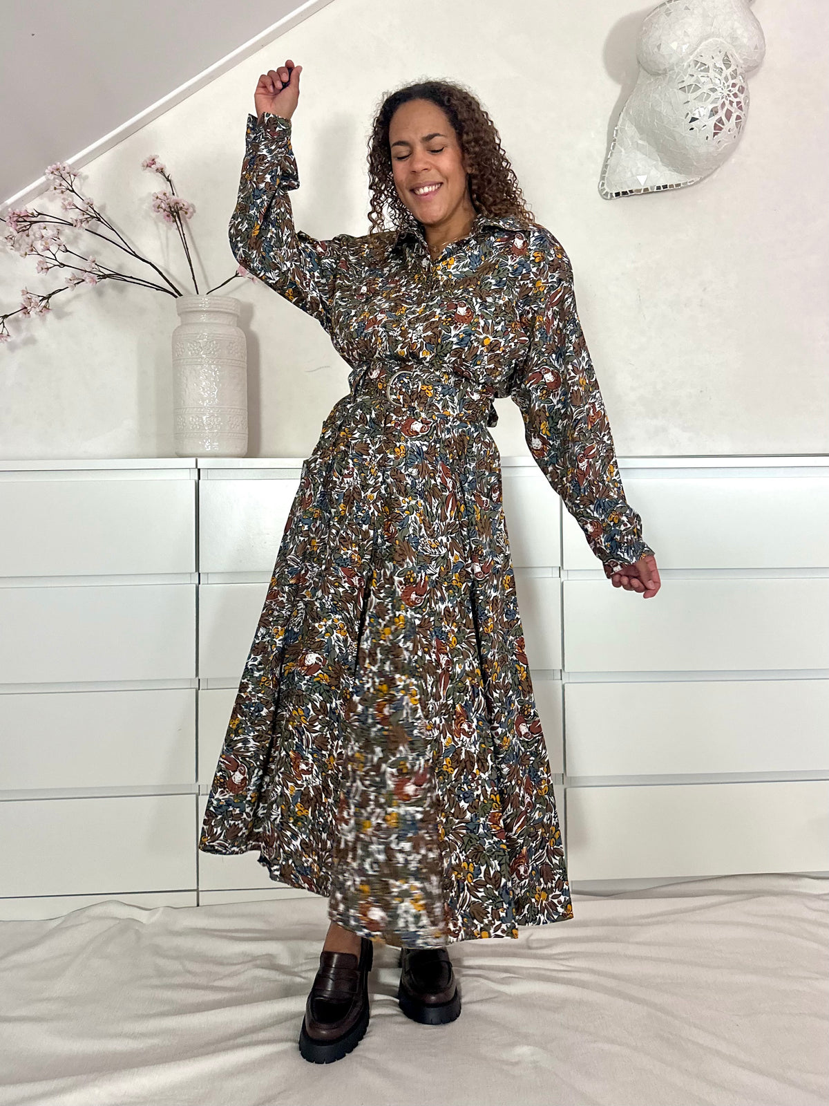 Vintage maxi-jurk in katoen met  botanische vogel print - M