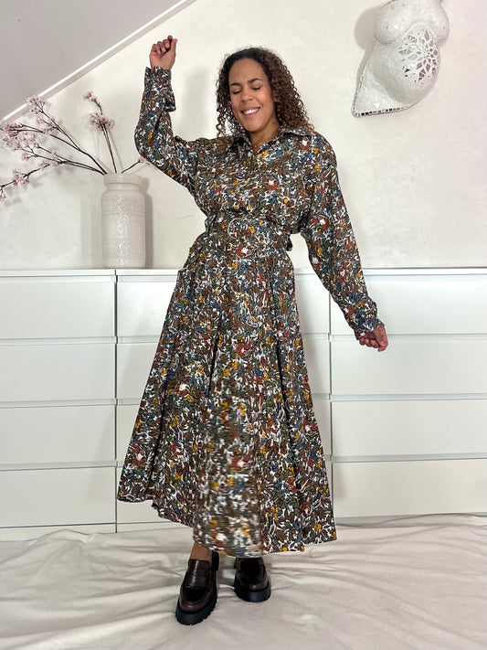 Vintage maxi-jurk in katoen met  botanische vogel print - M